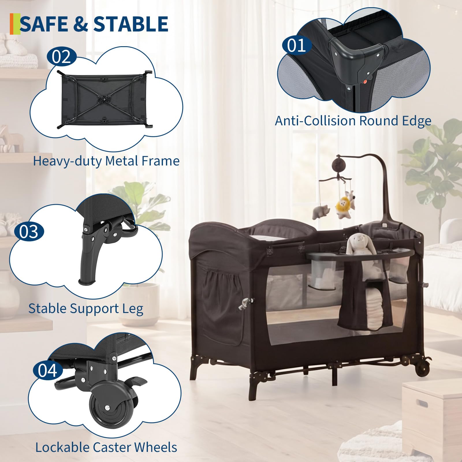4 in 1 Baby Playard Portable Bedside Crib with Rocking Bassinet and Diaper Changer GainNo