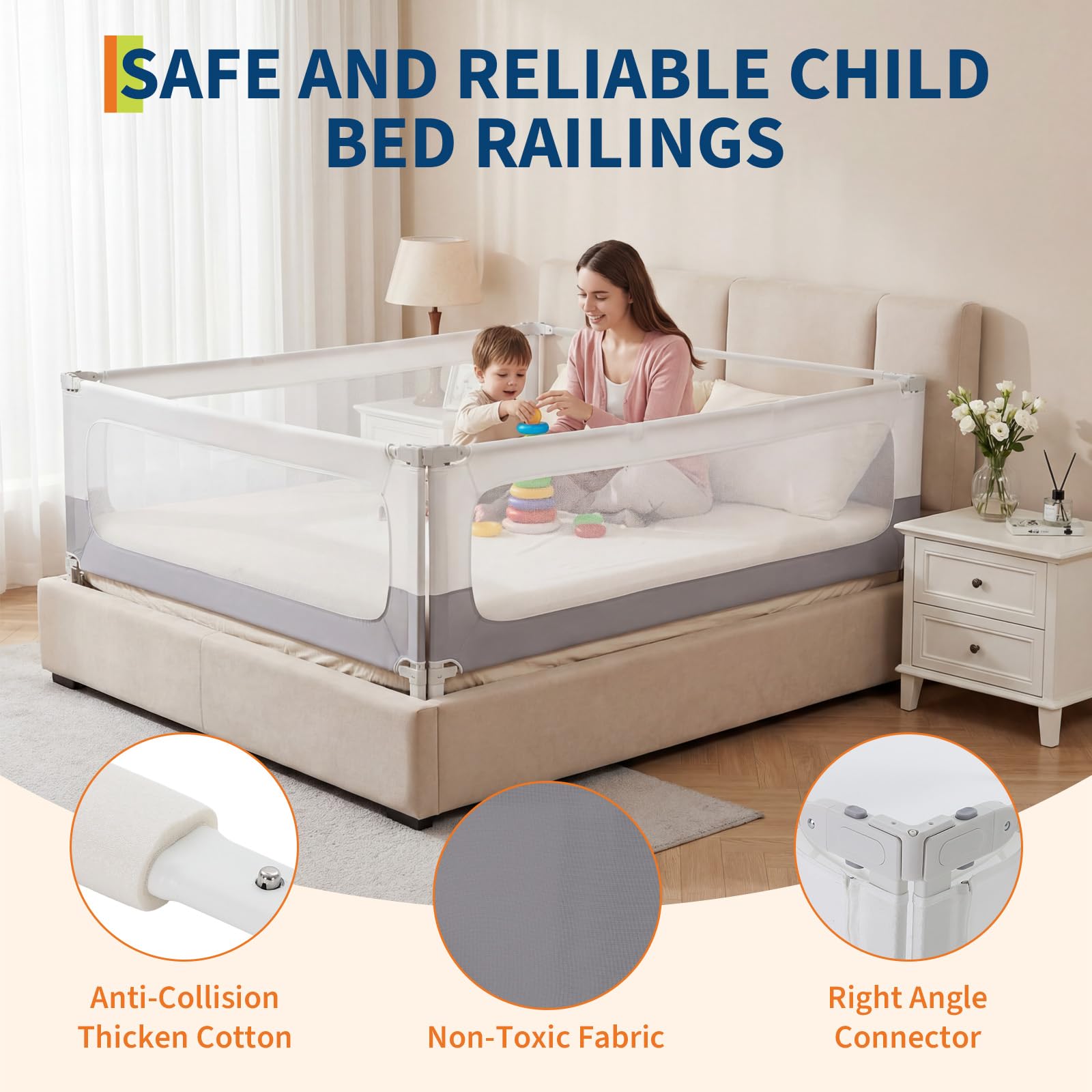 Adjustable Height Toddler Bed Rail Guard No-Drill Safety Barrier GainNo