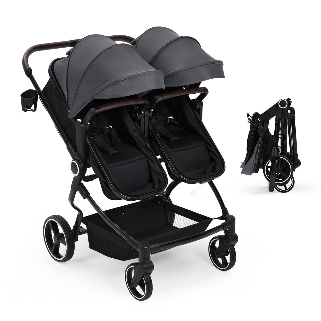Foldable Double Baby Stroller with Adjustable Canopy Dark Grey GainNo