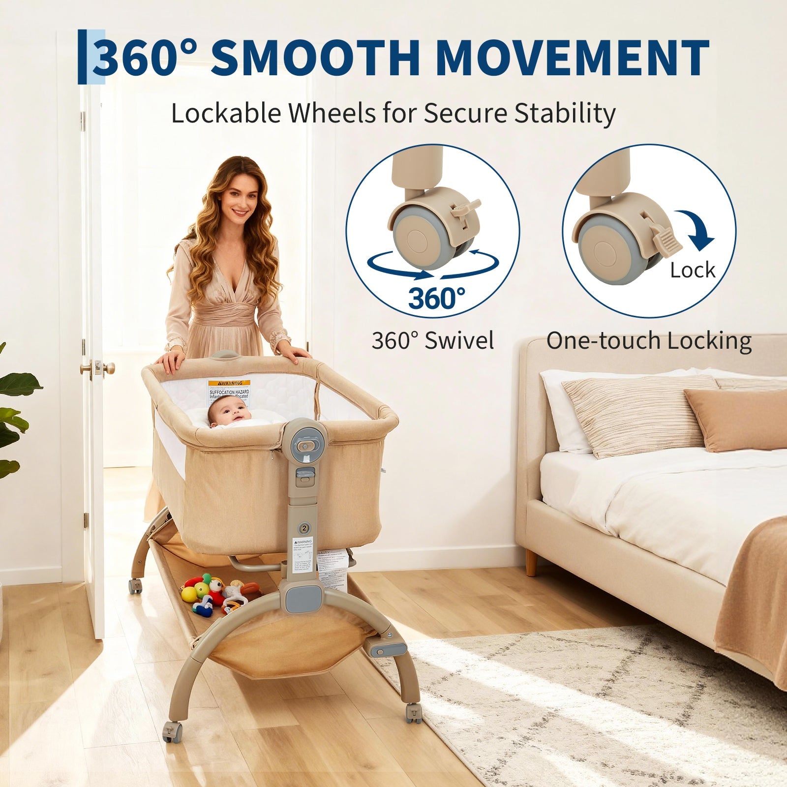 3-in-1 Adjustable Bedside Baby Bassinet with Mesh and Wheels Khaki