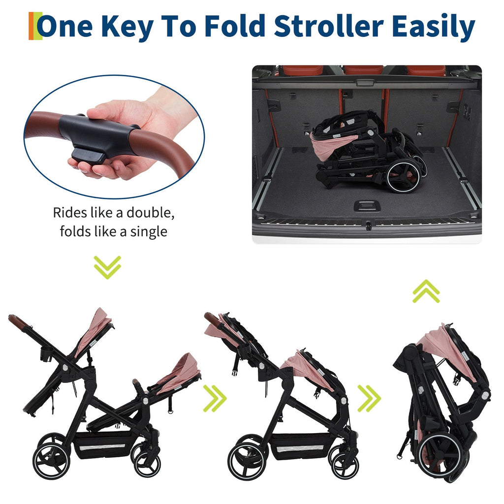 Foldable Double Baby Stroller Multi-Position Reversible Pink