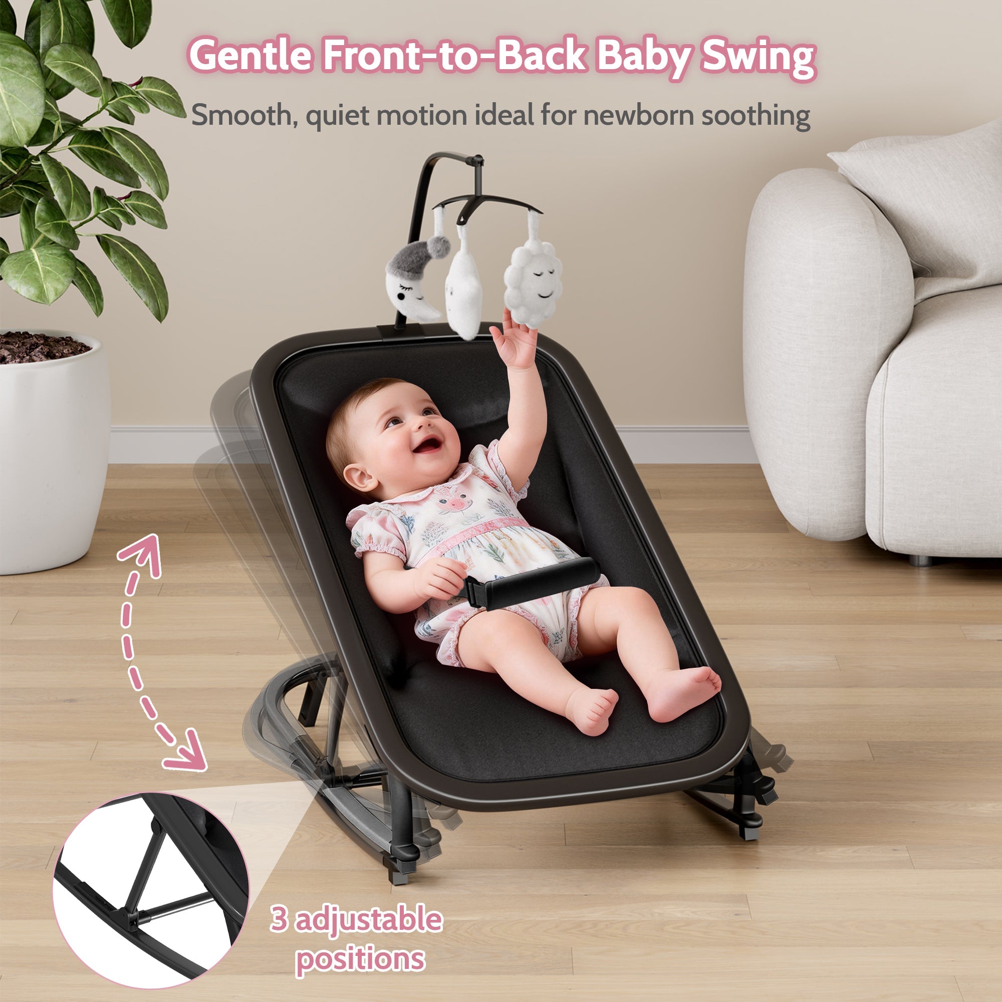 Aluminum Frame Baby Swing with Adjustable 3-Position Design Black