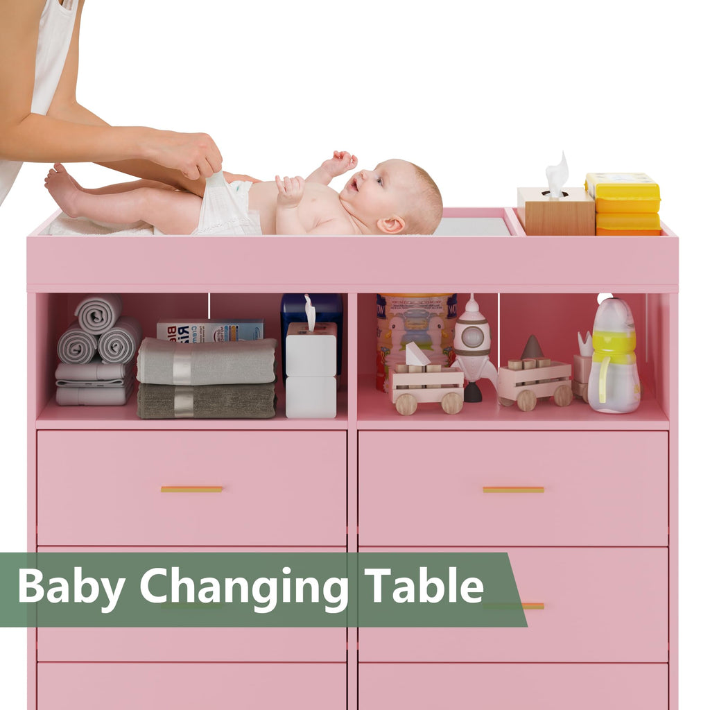 6-Drawer Baby Dresser with LED Lights and Changing Table Top Pink