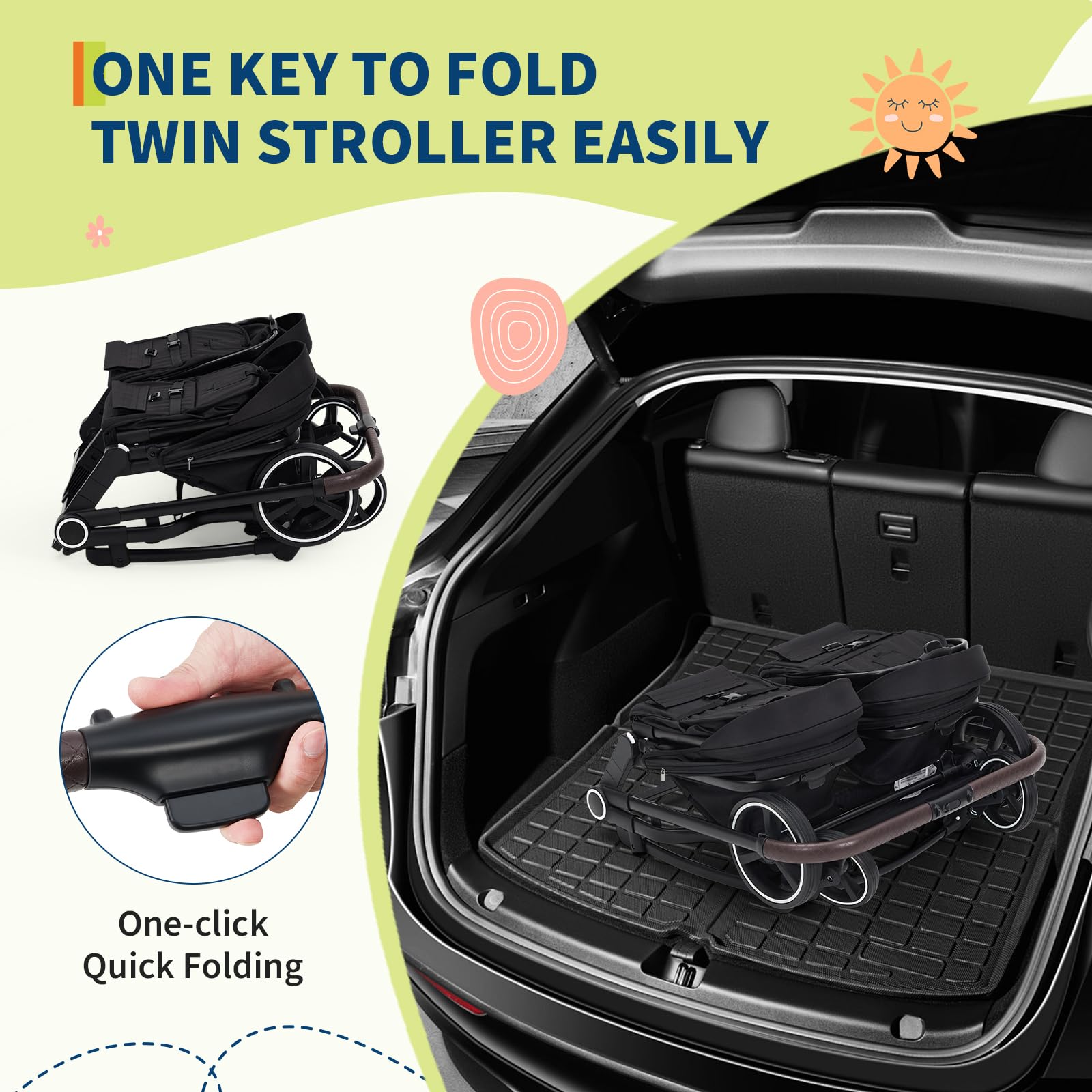 Foldable Double Baby Stroller with Adjustable Recline Canopy Black