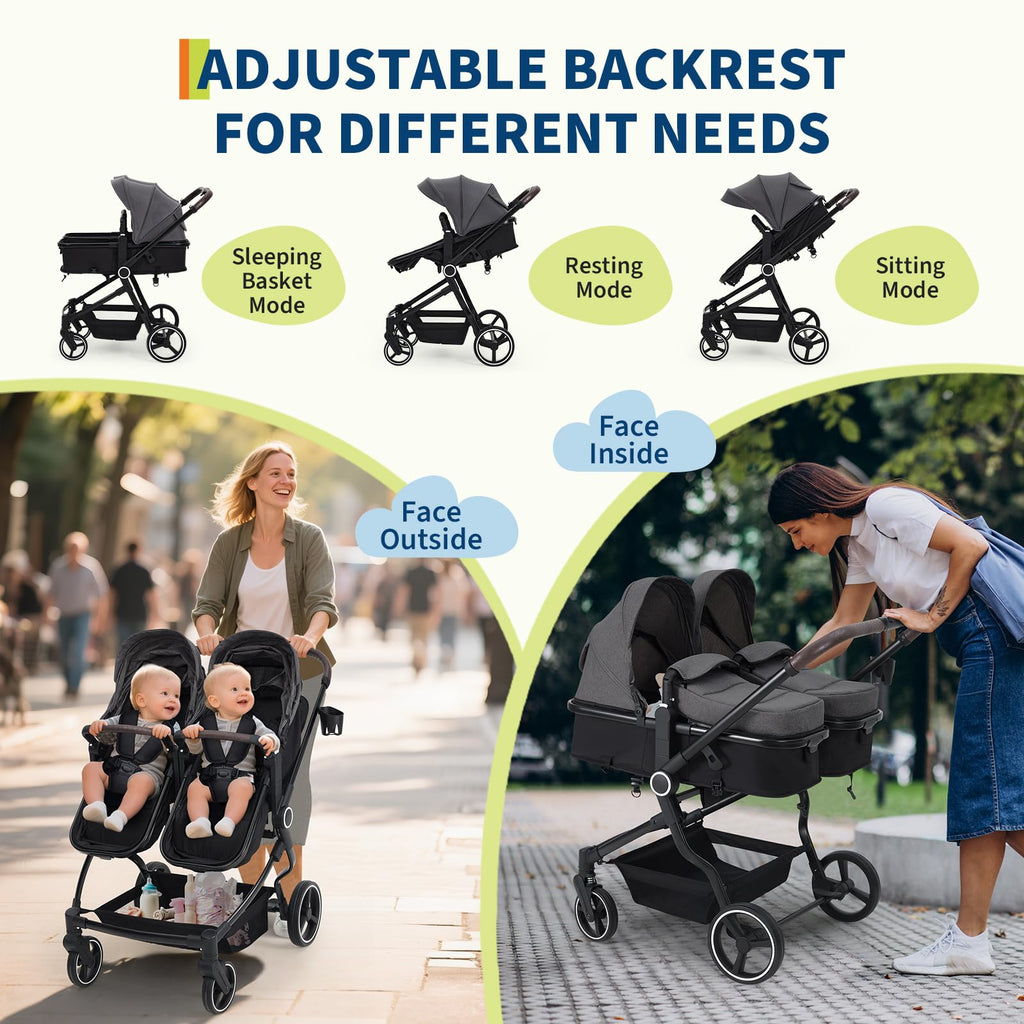 Foldable Double Baby Stroller with Adjustable Canopy Dark Grey GainNo