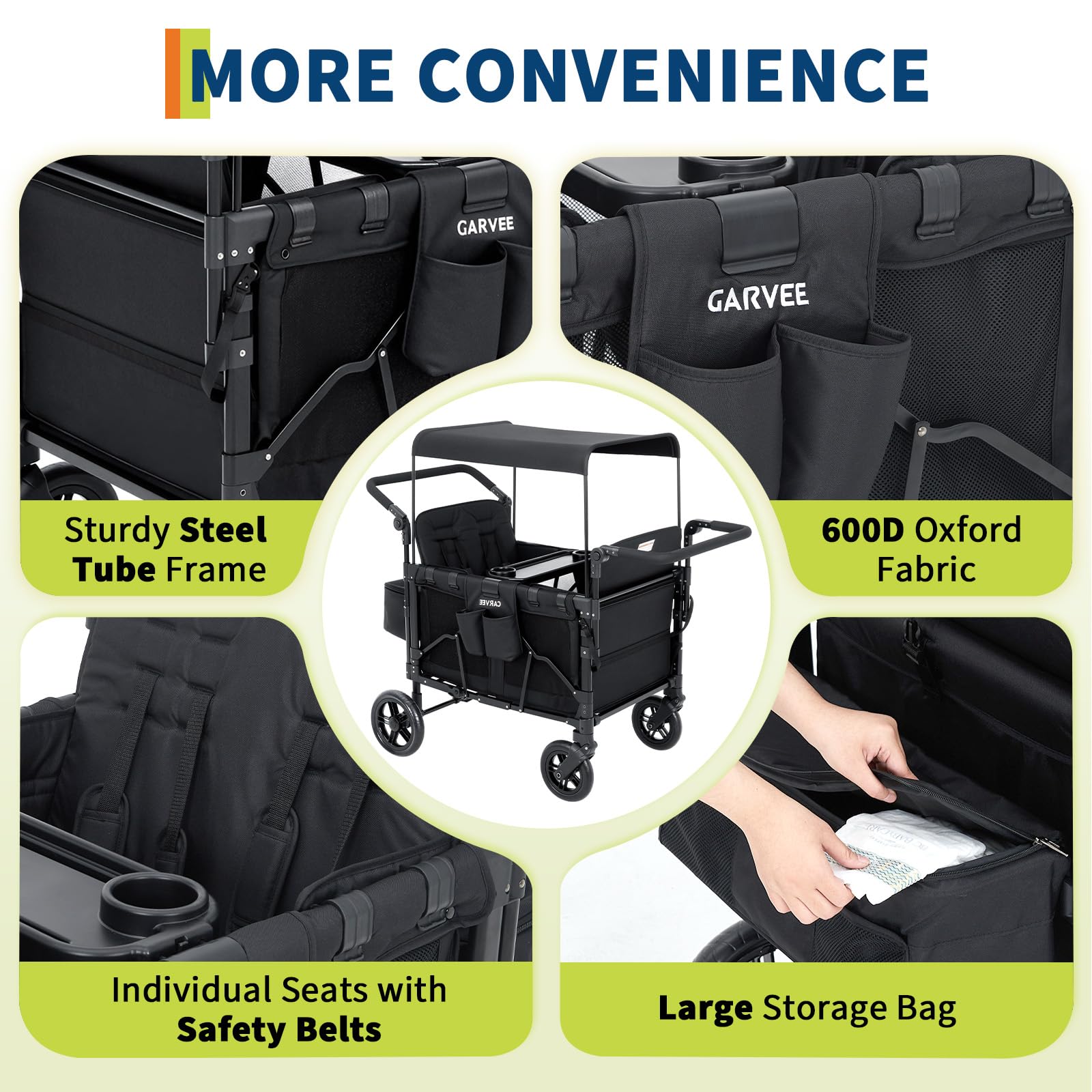 2-in-1 Foldable Double Stroller Wagon with Canopy Black