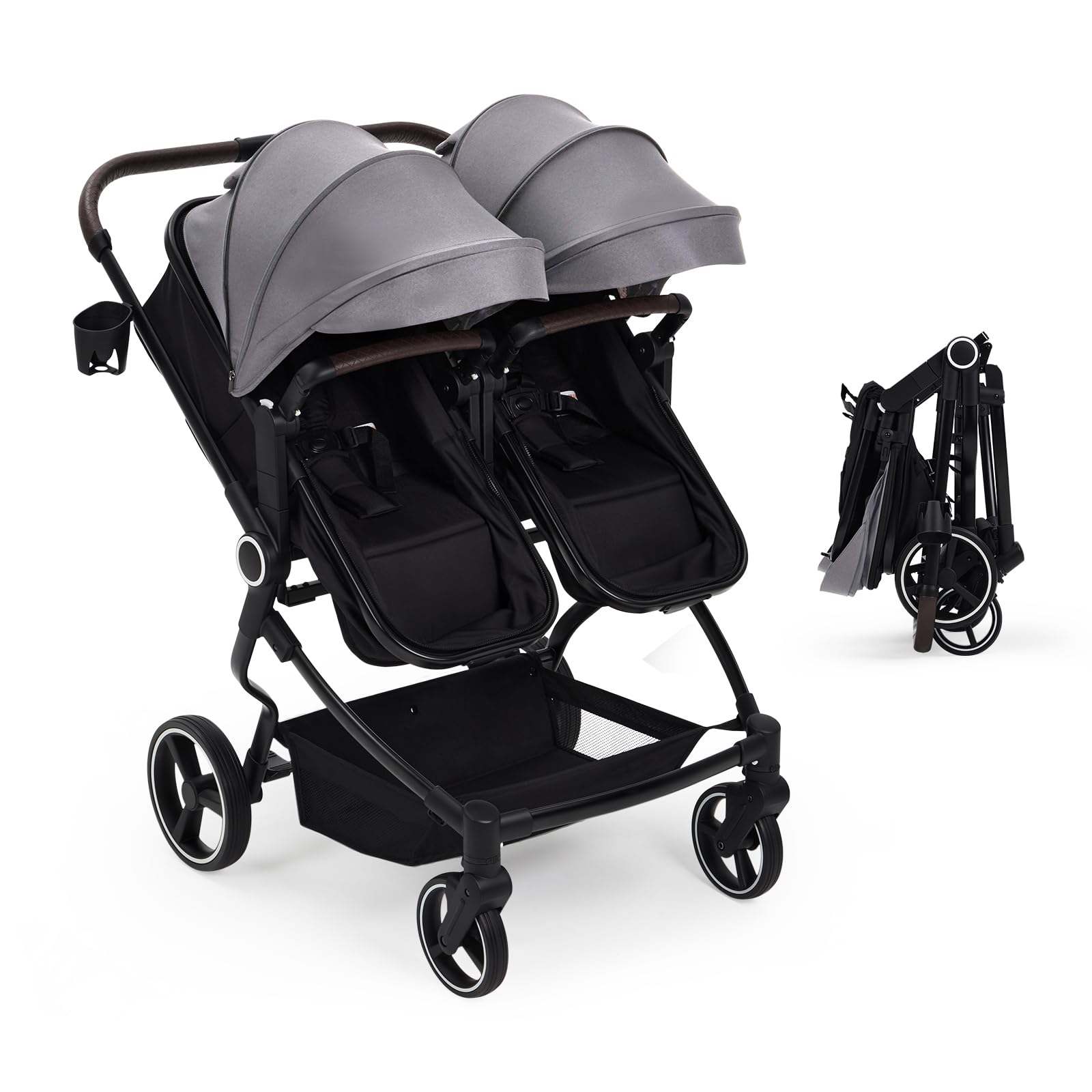 Foldable Double Baby Stroller Light Grey with Adjustable Canopy