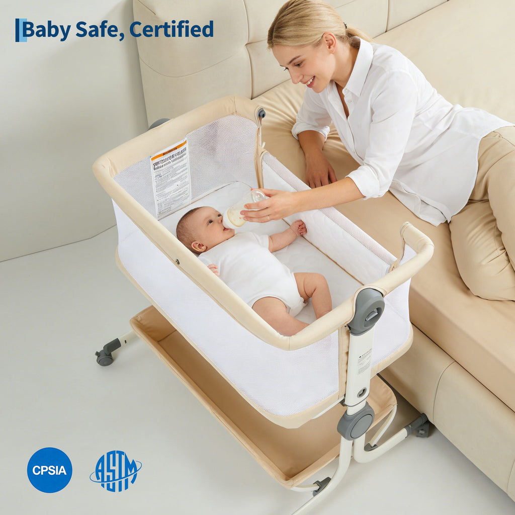 3-in-1 Portable Baby Bassinet Bedside Sleeper Khaki with Mosquito Net