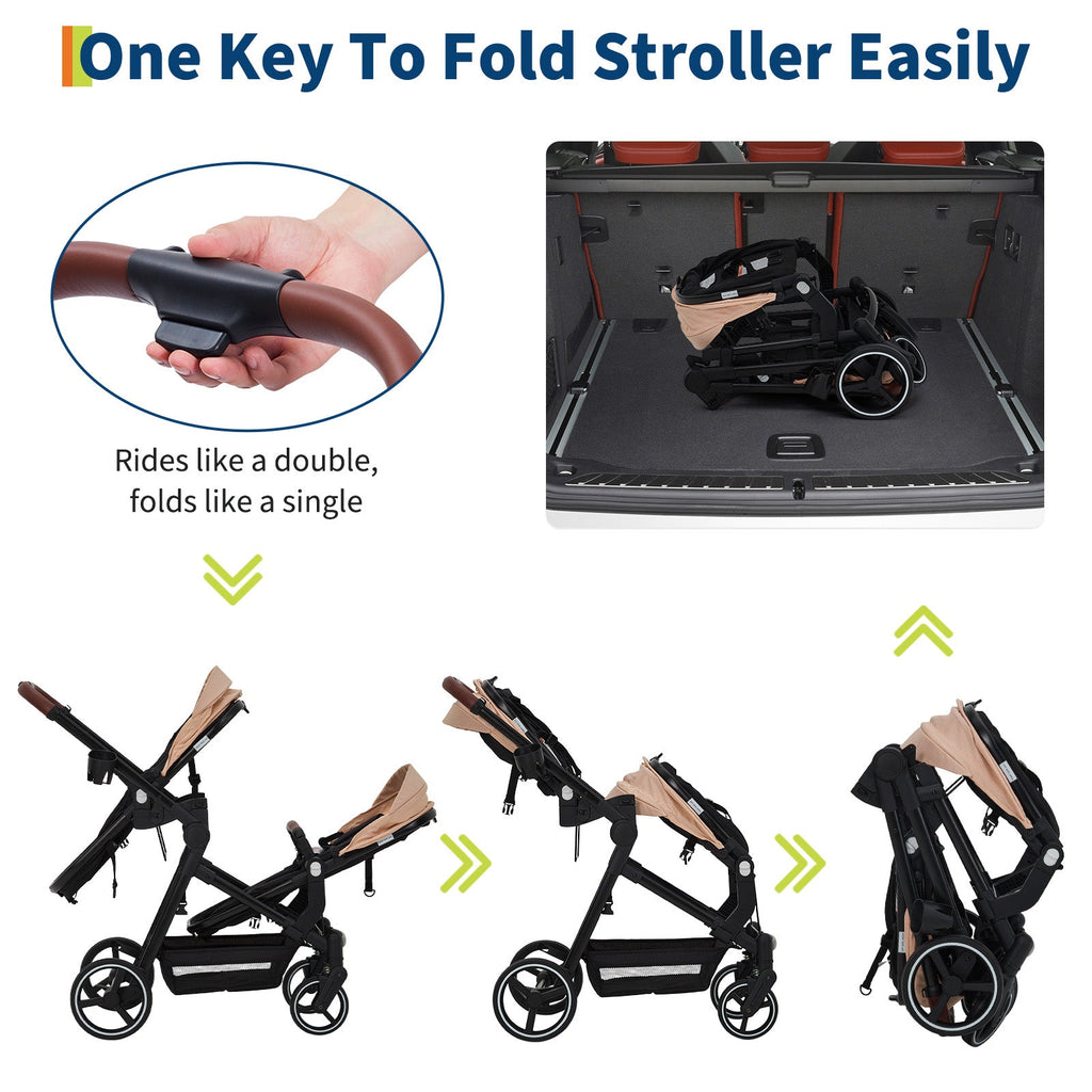 Foldable Double Baby Stroller Multi-Position Reversible Khaki