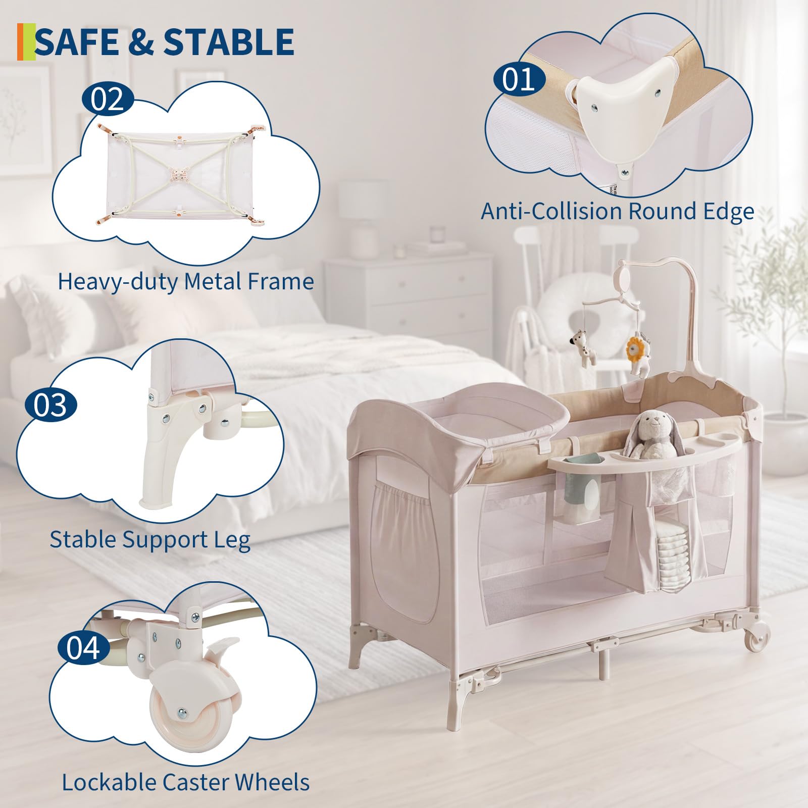 4 in 1 Baby Playard Portable Bedside Crib with Rocking Bassinet GainNo