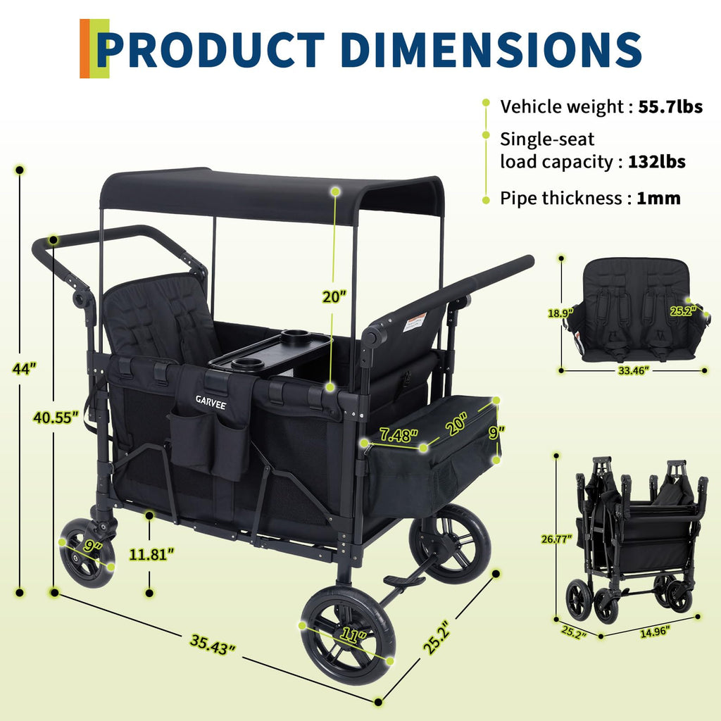 2-in-1 Foldable Double Stroller Wagon with Canopy Black