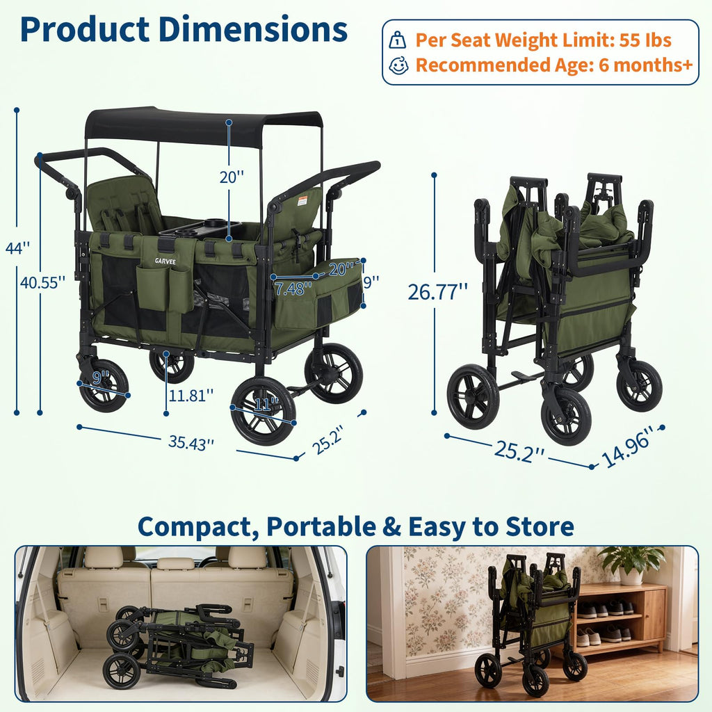 4 Seater Stroller Wagon All-Terrain Green with Safety Harness and Canopy