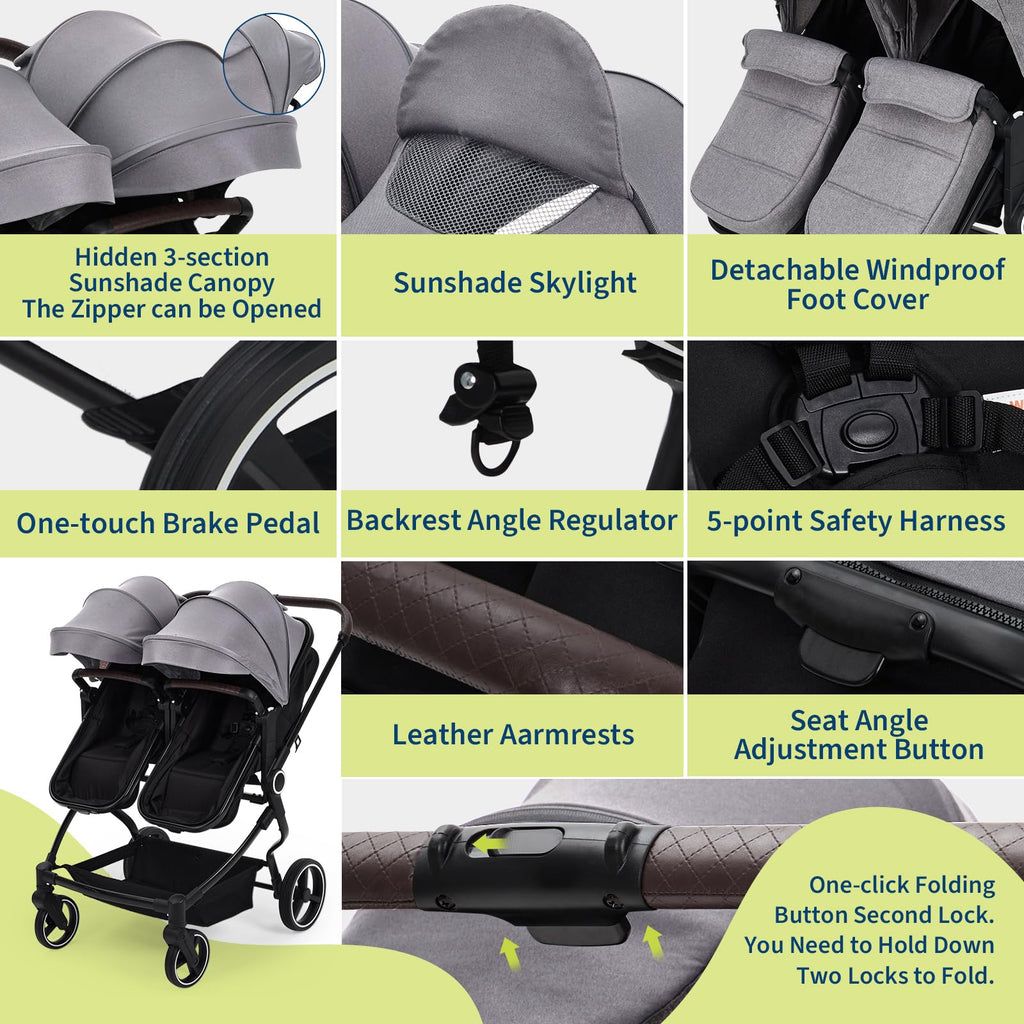 Foldable Double Baby Stroller Light Grey with Adjustable Canopy
