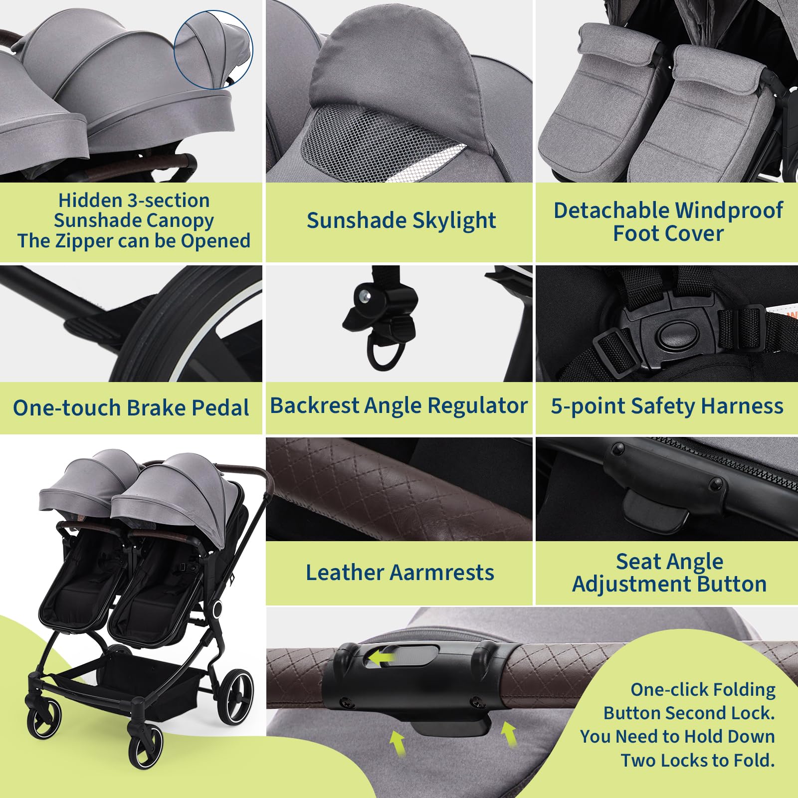 Foldable Double Baby Stroller Light Grey with Adjustable Canopy