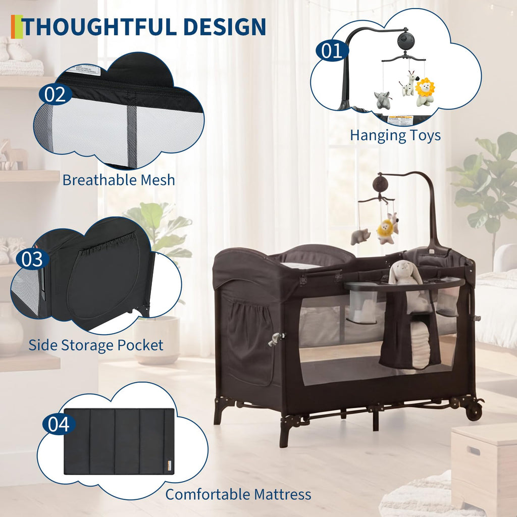 4 in 1 Baby Playard Portable Bedside Crib with Rocking Bassinet and Diaper Changer GainNo