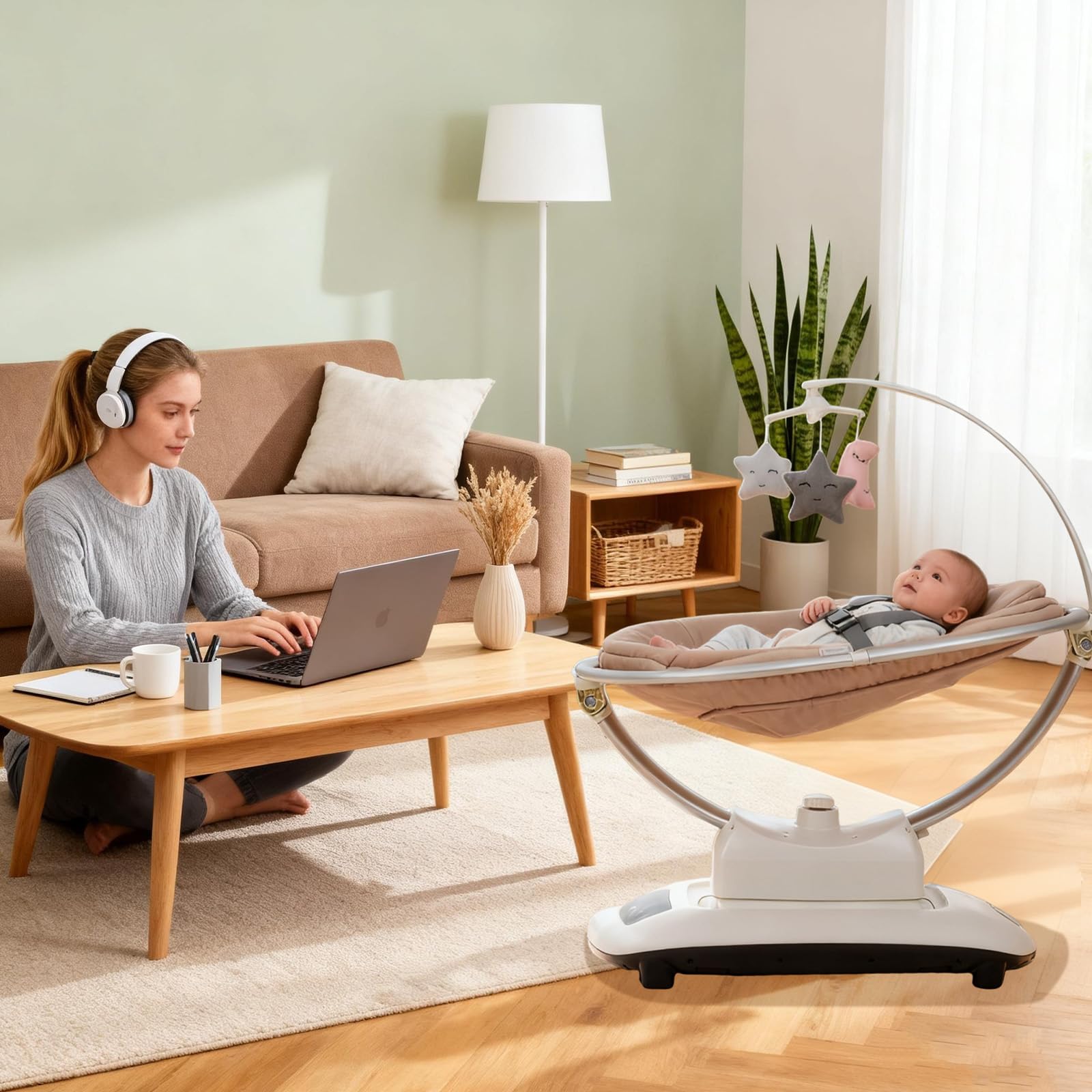 Electric Baby Swing with 5 Soothing Motions and Remote Control Khaki
