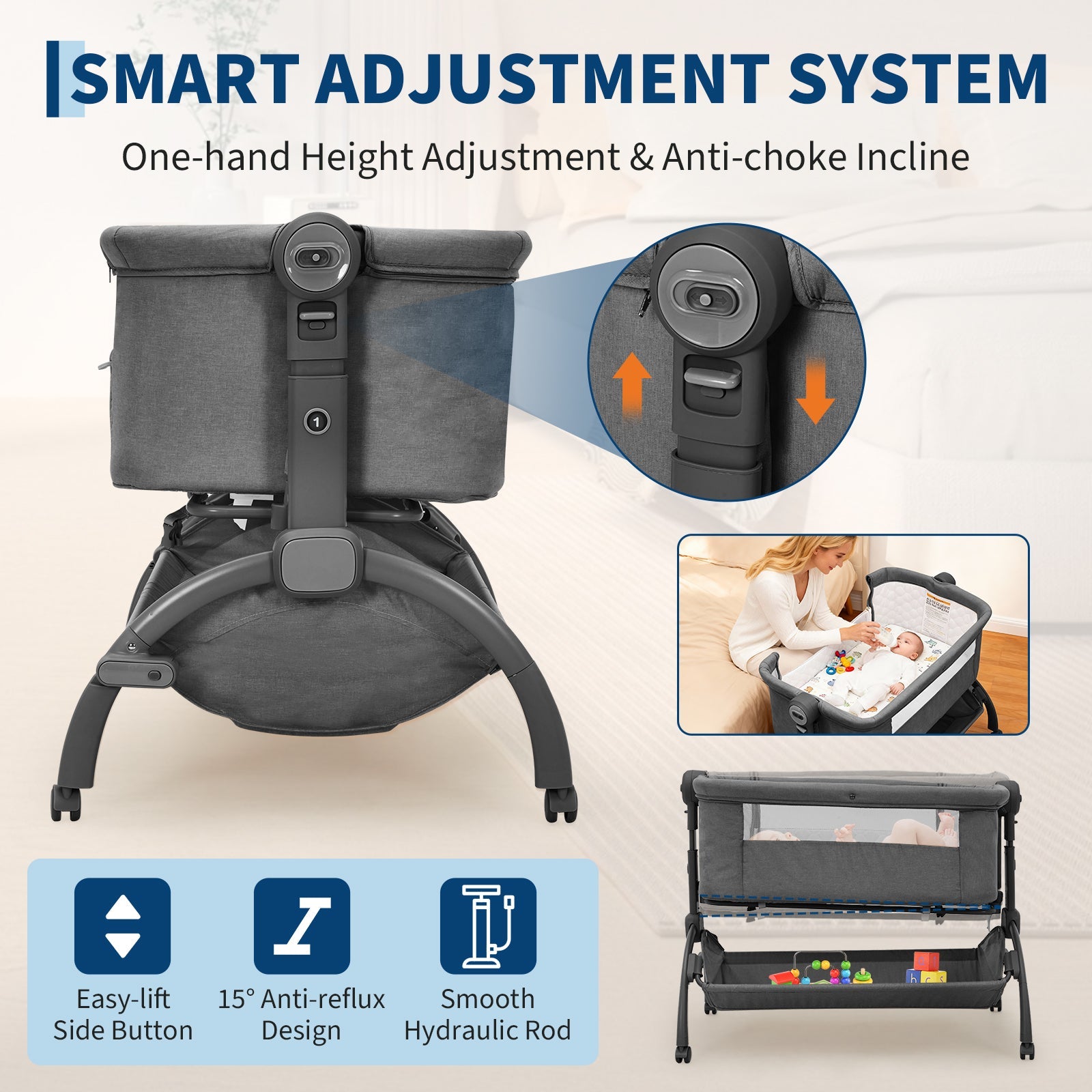 3-in-1 Adjustable Bedside Baby Bassinet Dark Grey with Mesh and Wheels