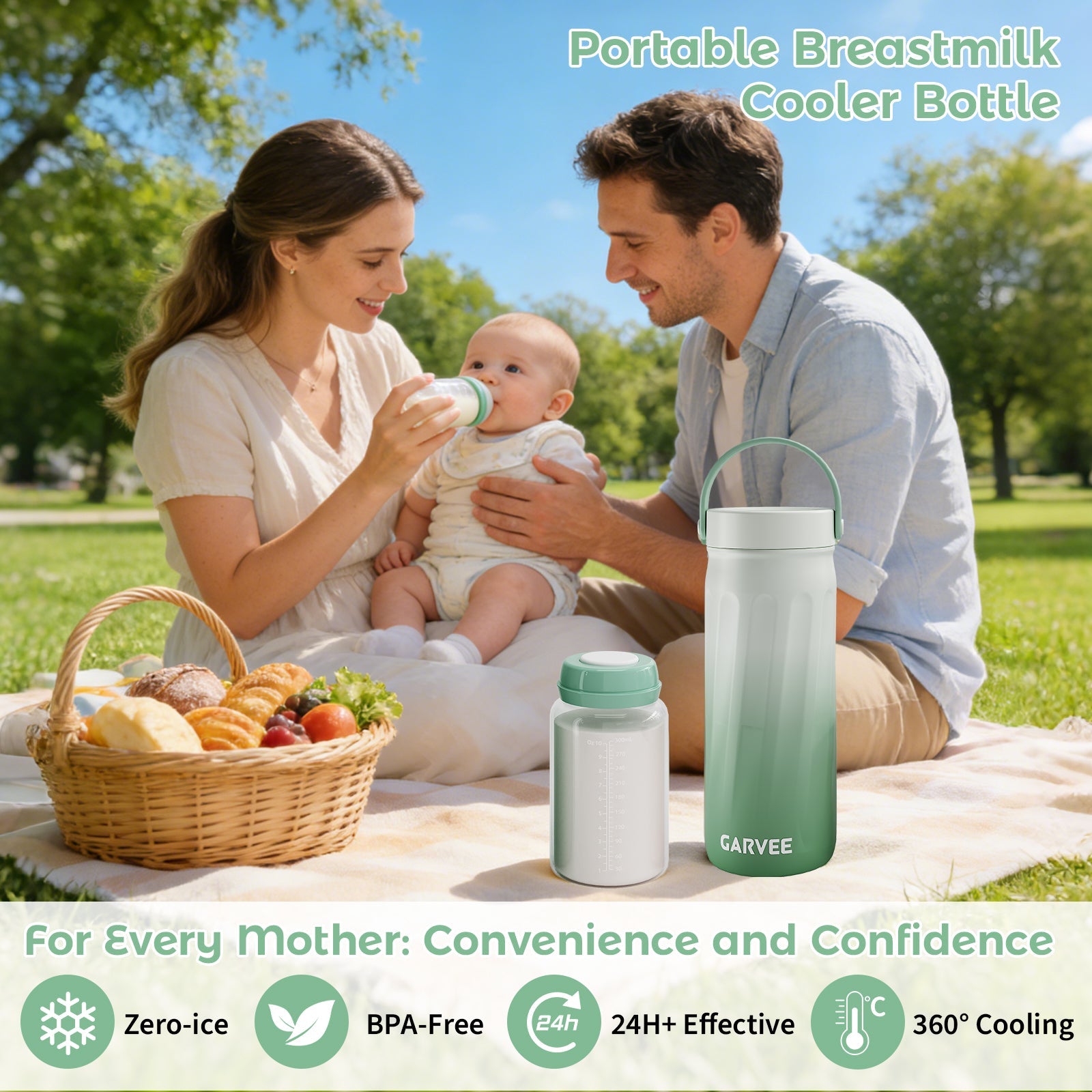 360° Cooling Breast Milk Cooler 22oz with 2 Baby Bottles Green GainNo