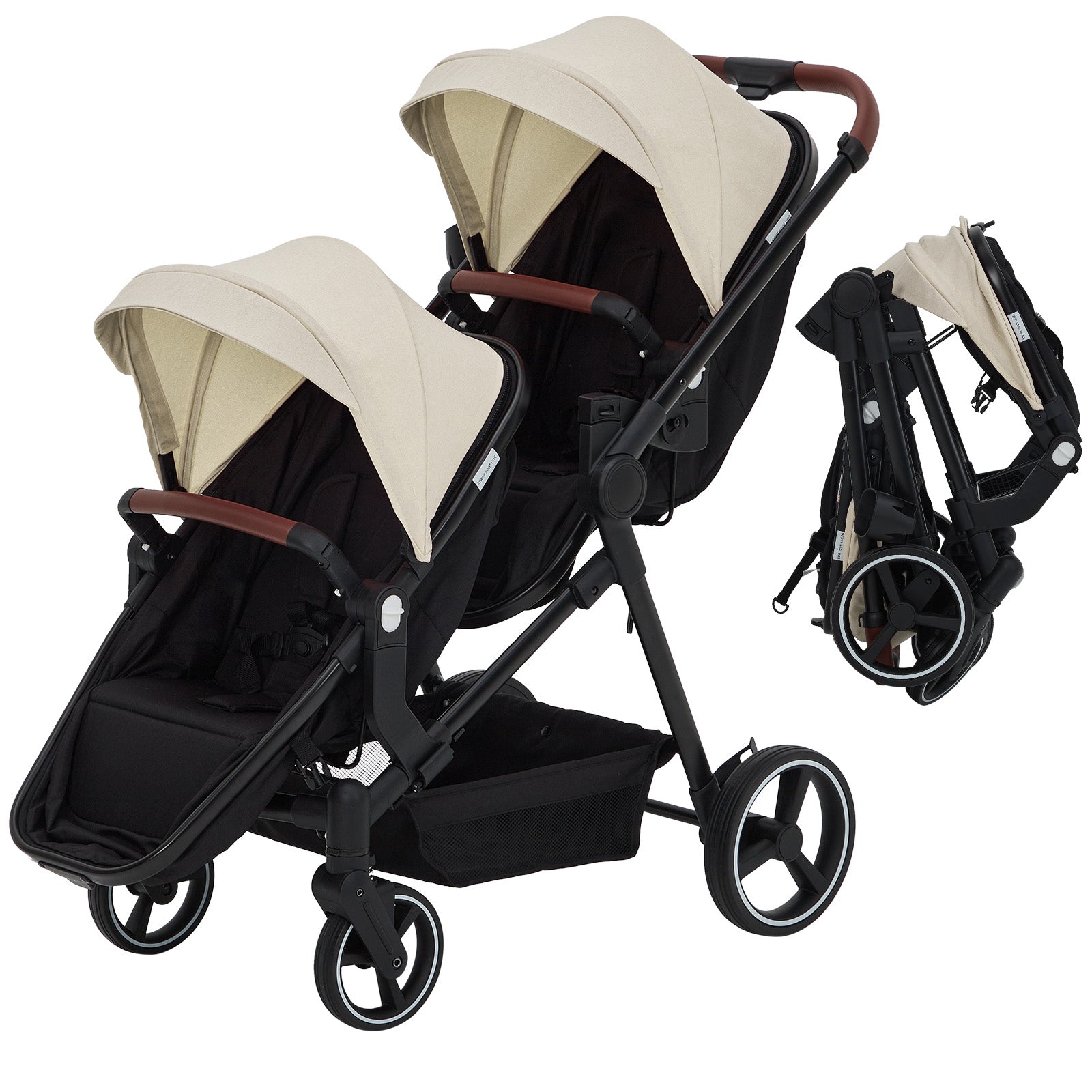Foldable Double Baby Stroller Multi-Position Reversible Beige