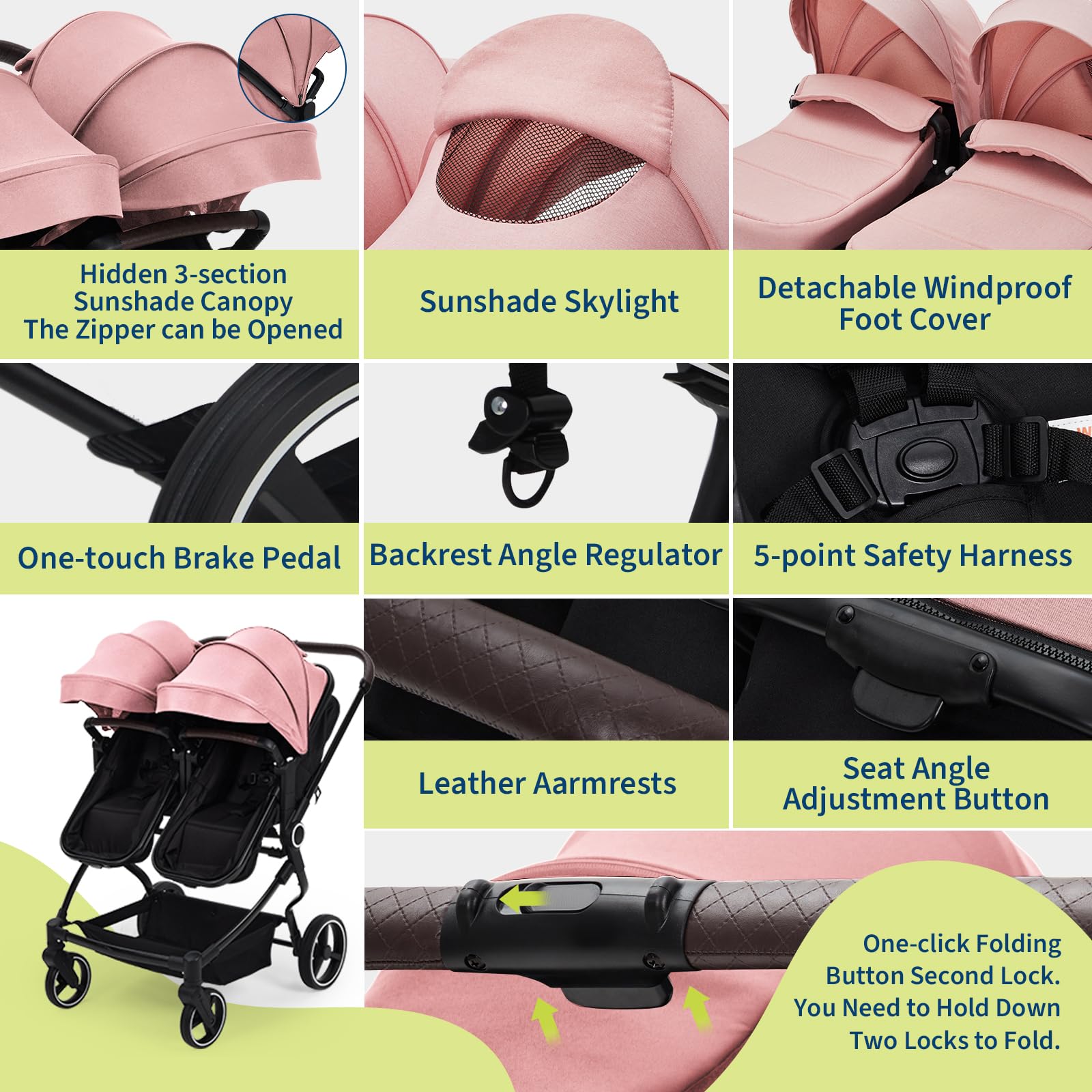 Foldable Double Baby Stroller with Adjustable Canopy Pink