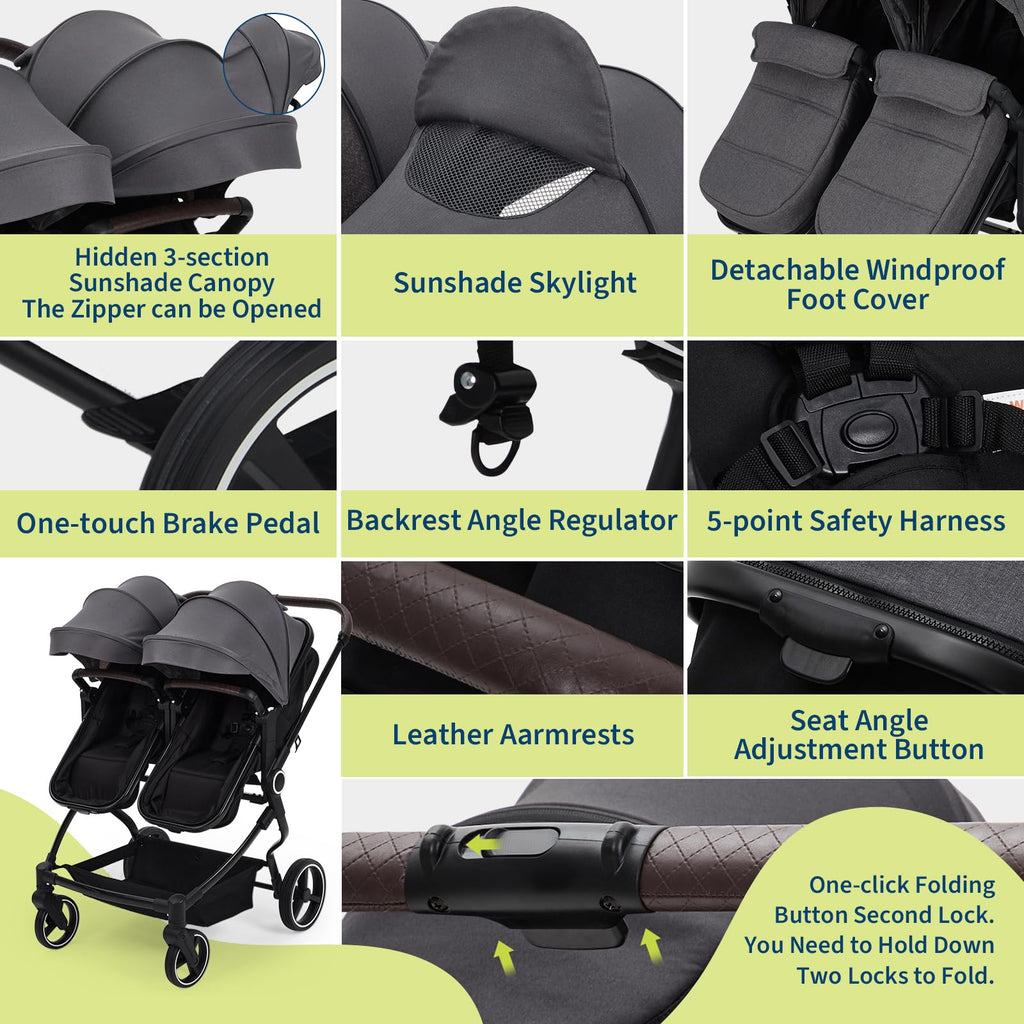Foldable Double Baby Stroller with Adjustable Canopy Dark Grey GainNo