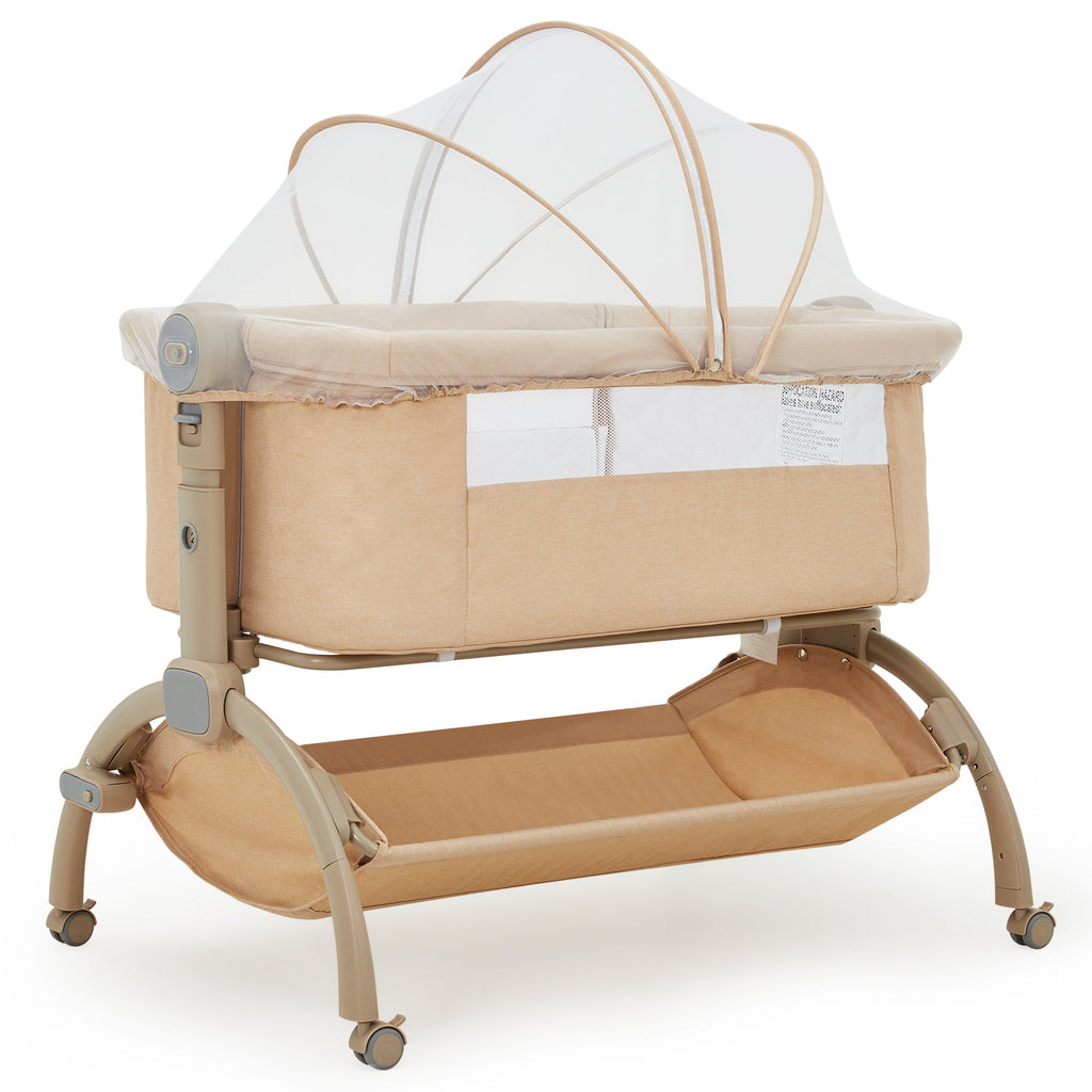 3-in-1 Adjustable Bedside Baby Bassinet with Mesh and Wheels Khaki