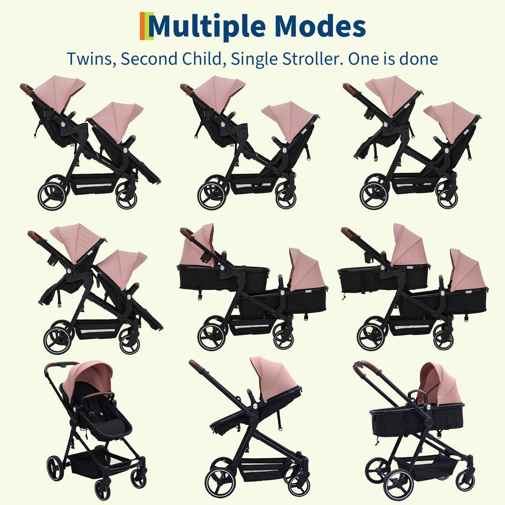 Foldable Double Baby Stroller Multi-Position Reversible Pink