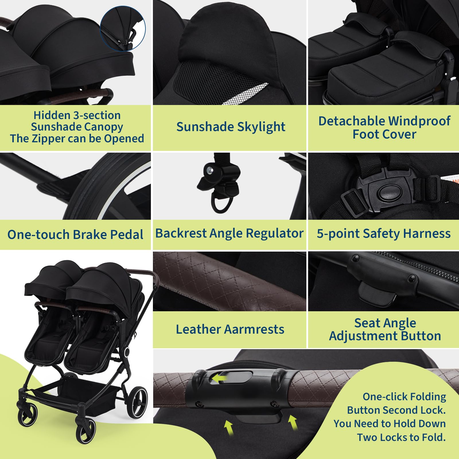 Foldable Double Baby Stroller with Adjustable Recline Canopy Black