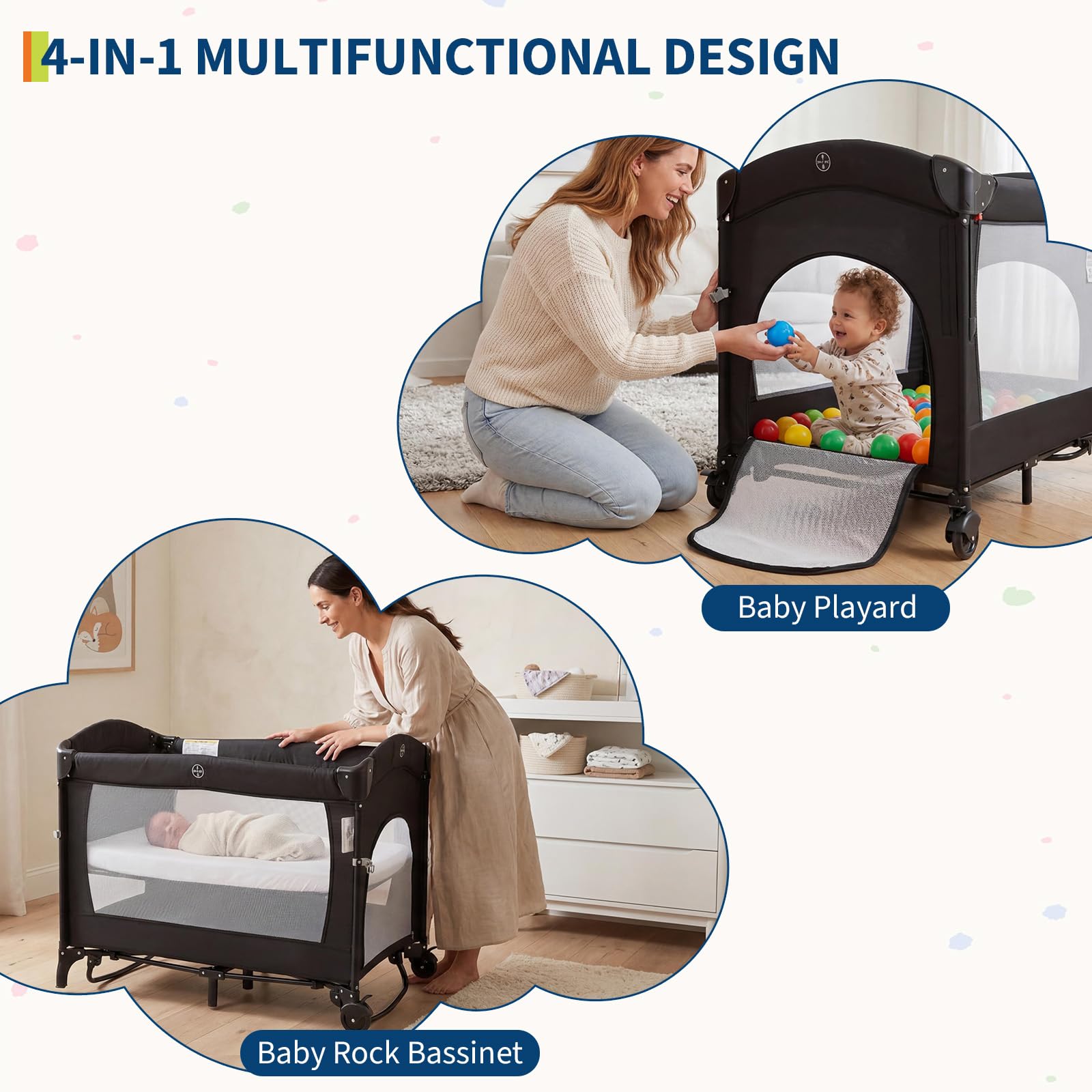 4 in 1 Baby Playard Portable Bedside Crib with Rocking Bassinet and Diaper Changer GainNo