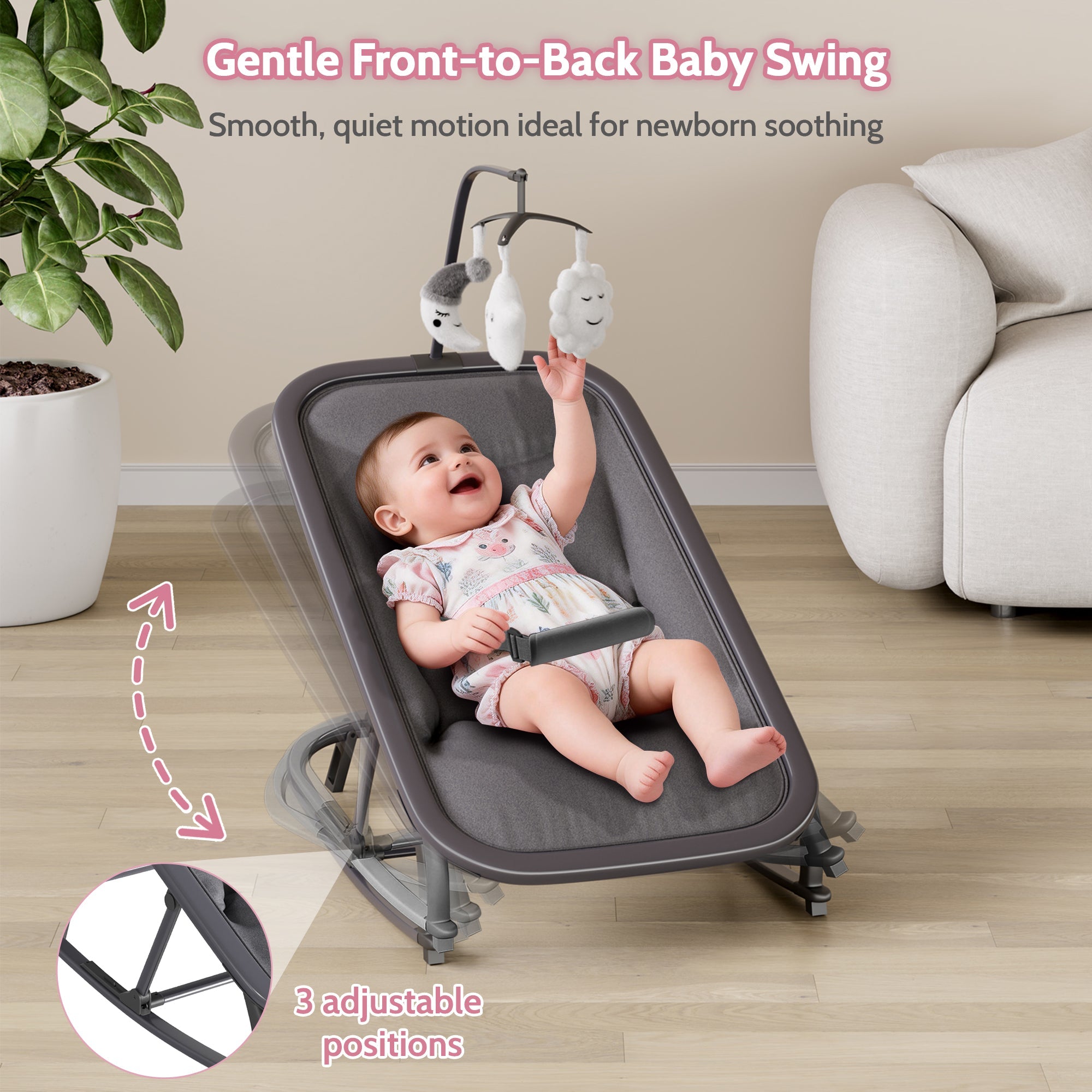 Aluminum Frame Baby Swing with Adjustable 3-Position Design Grey