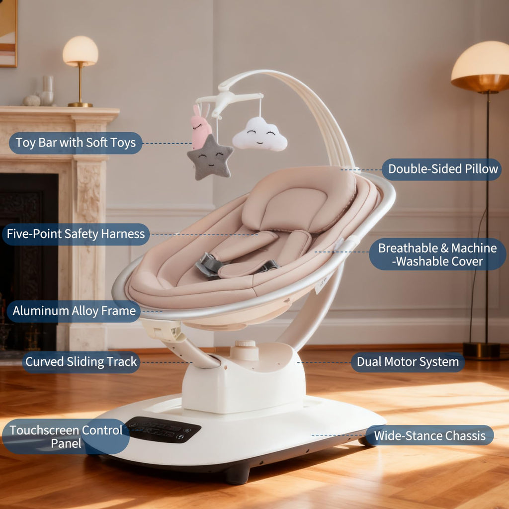 Electric Baby Swing with 5 Soothing Motions and Remote Control Khaki