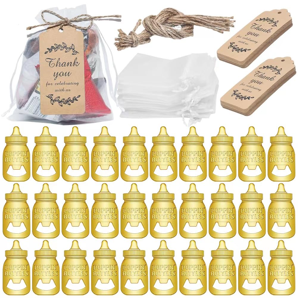 Gold Baby Bottle Opener Party Tokens 24pcs with Organza Bags