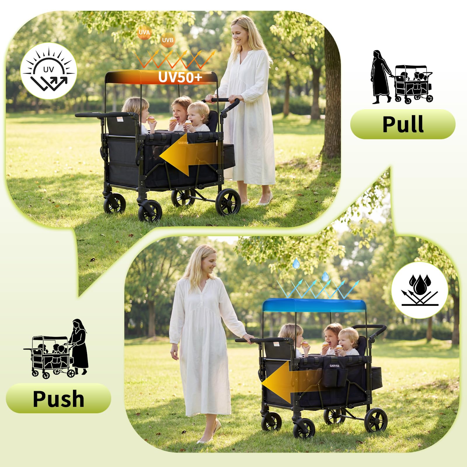 2-in-1 Foldable Double Stroller Wagon with Canopy Black