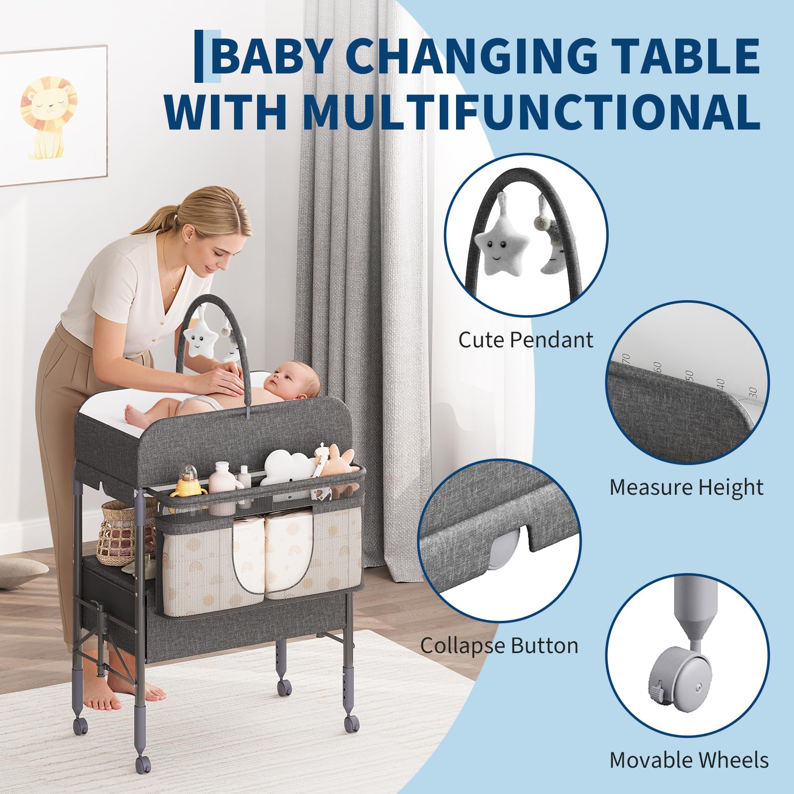 Portable Foldable Baby Changing Table with Storage Baskets Dark Grey