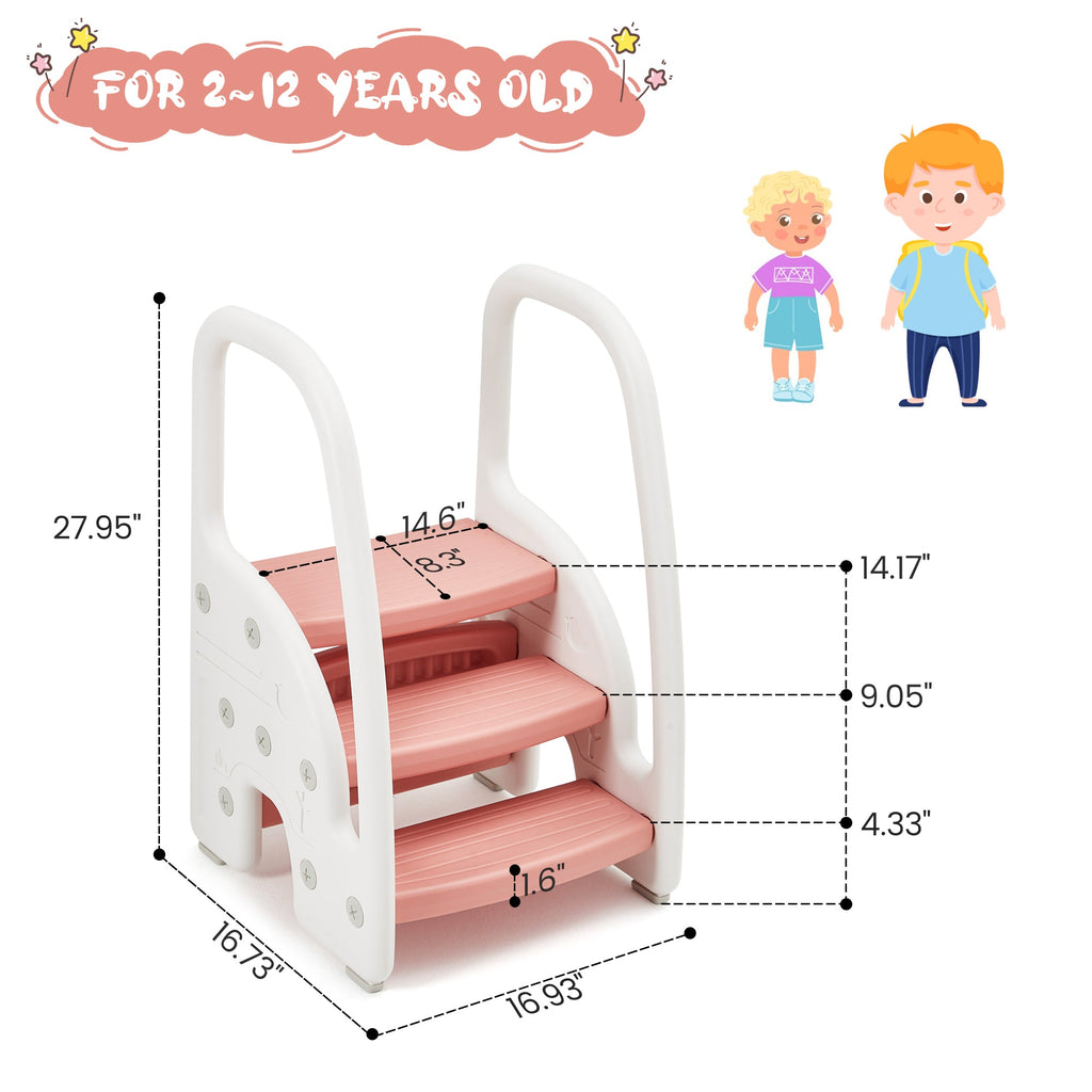 3-Step Toddler Step Stool with Safety Handles Pink