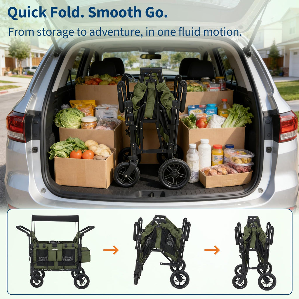 4 Seater Stroller Wagon All-Terrain Green with Safety Harness and Canopy