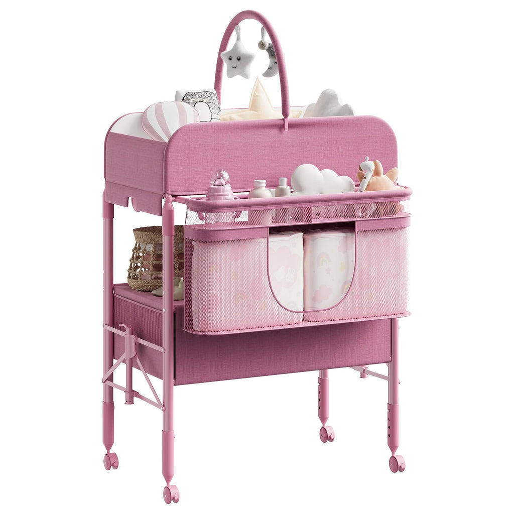 Portable Foldable Baby Changing Table with Storage Baskets Pink