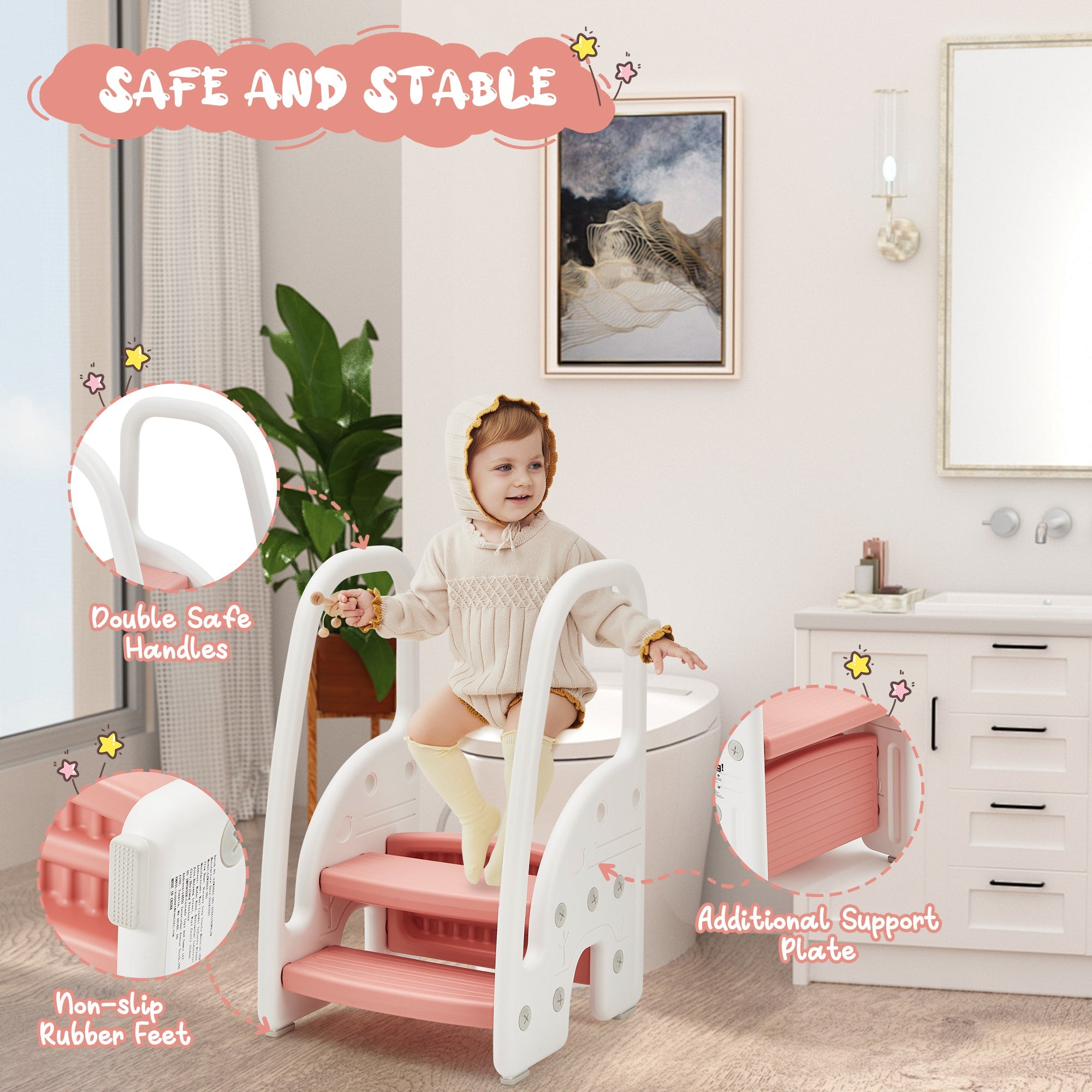 3-Step Toddler Step Stool with Safety Handles Pink