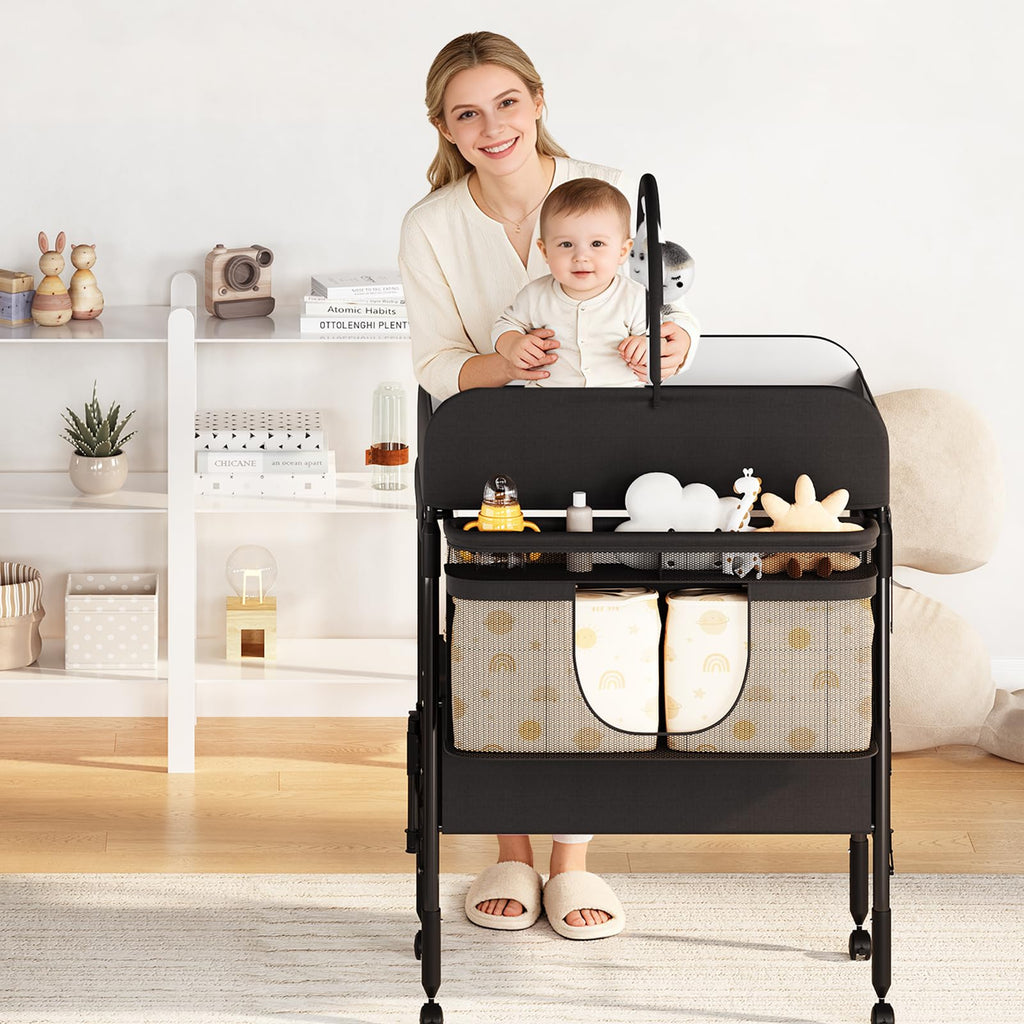 Portable Foldable Baby Changing Table with Storage Baskets Black