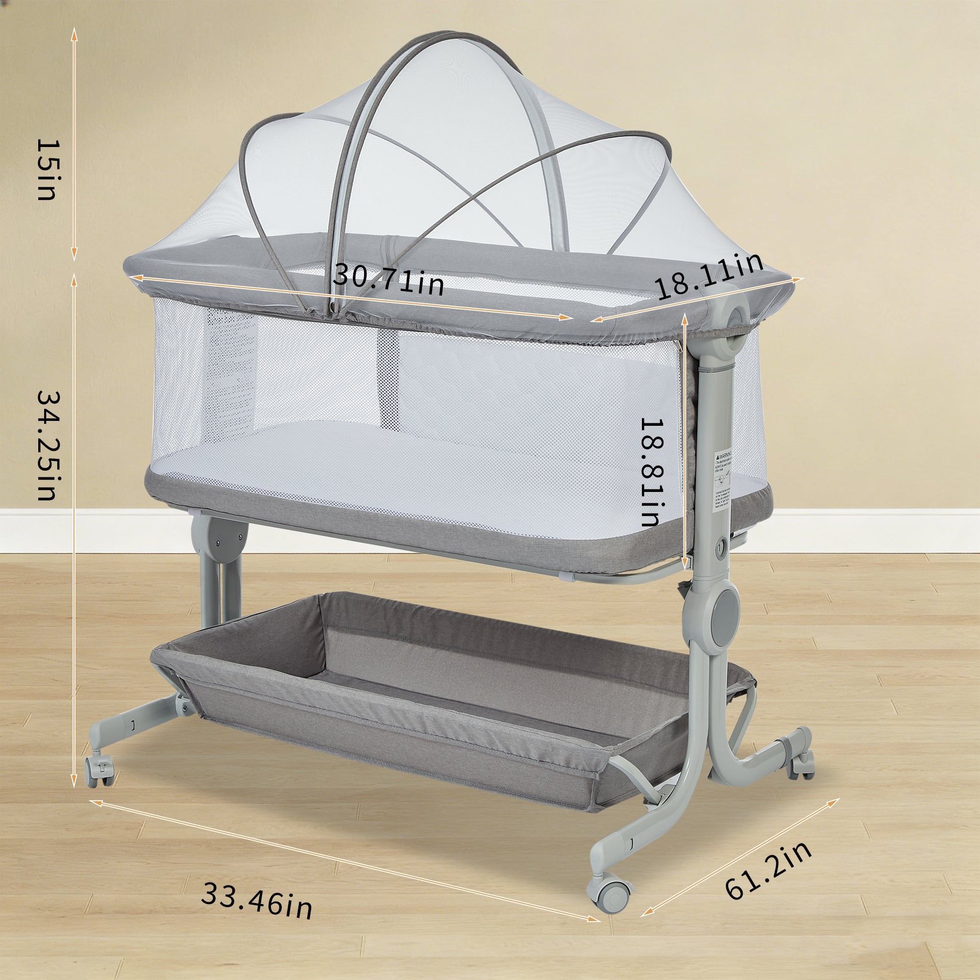 3-in-1 Portable Baby Bassinet Bedside Sleeper Light Grey