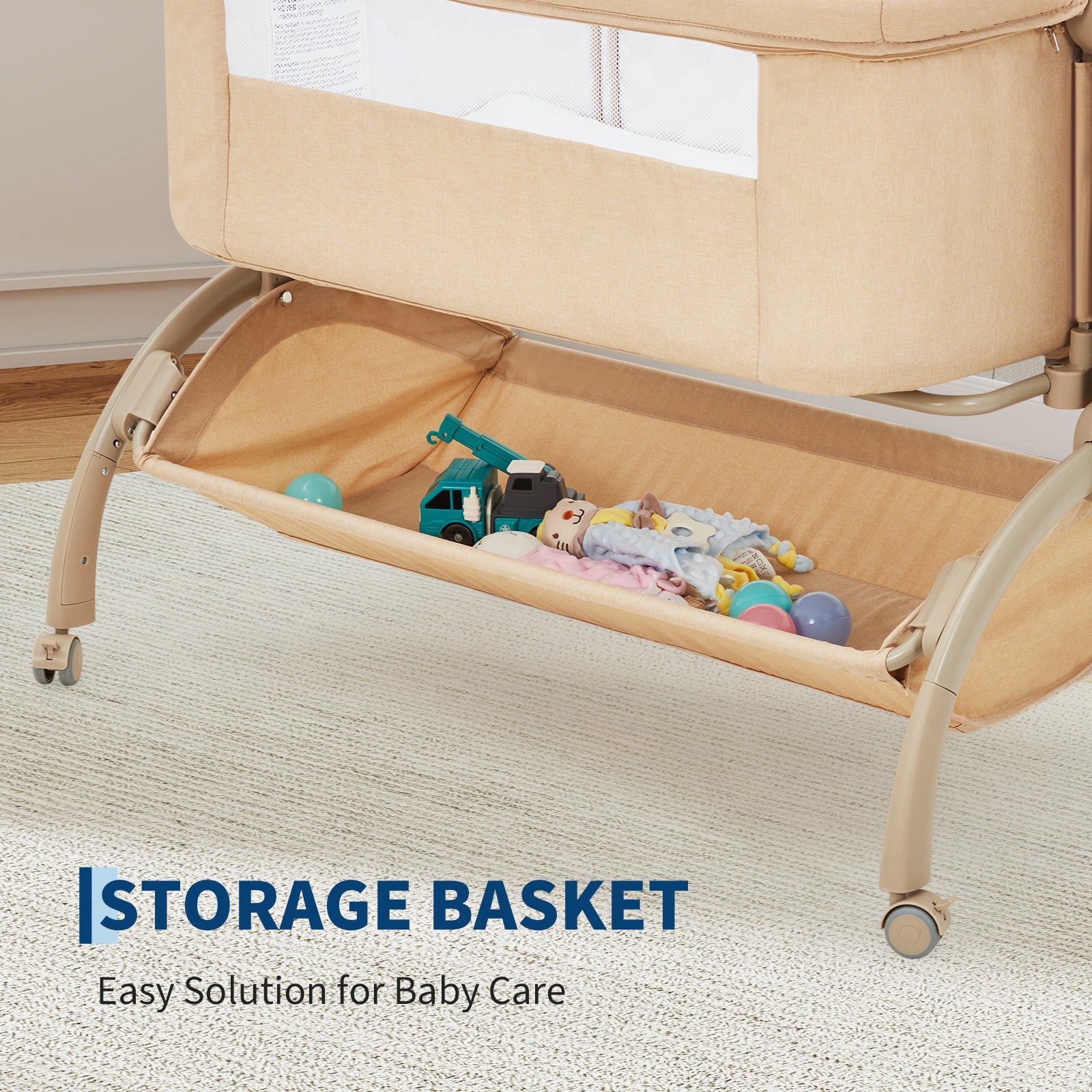 3-in-1 Adjustable Bedside Baby Bassinet with Mesh and Wheels Khaki