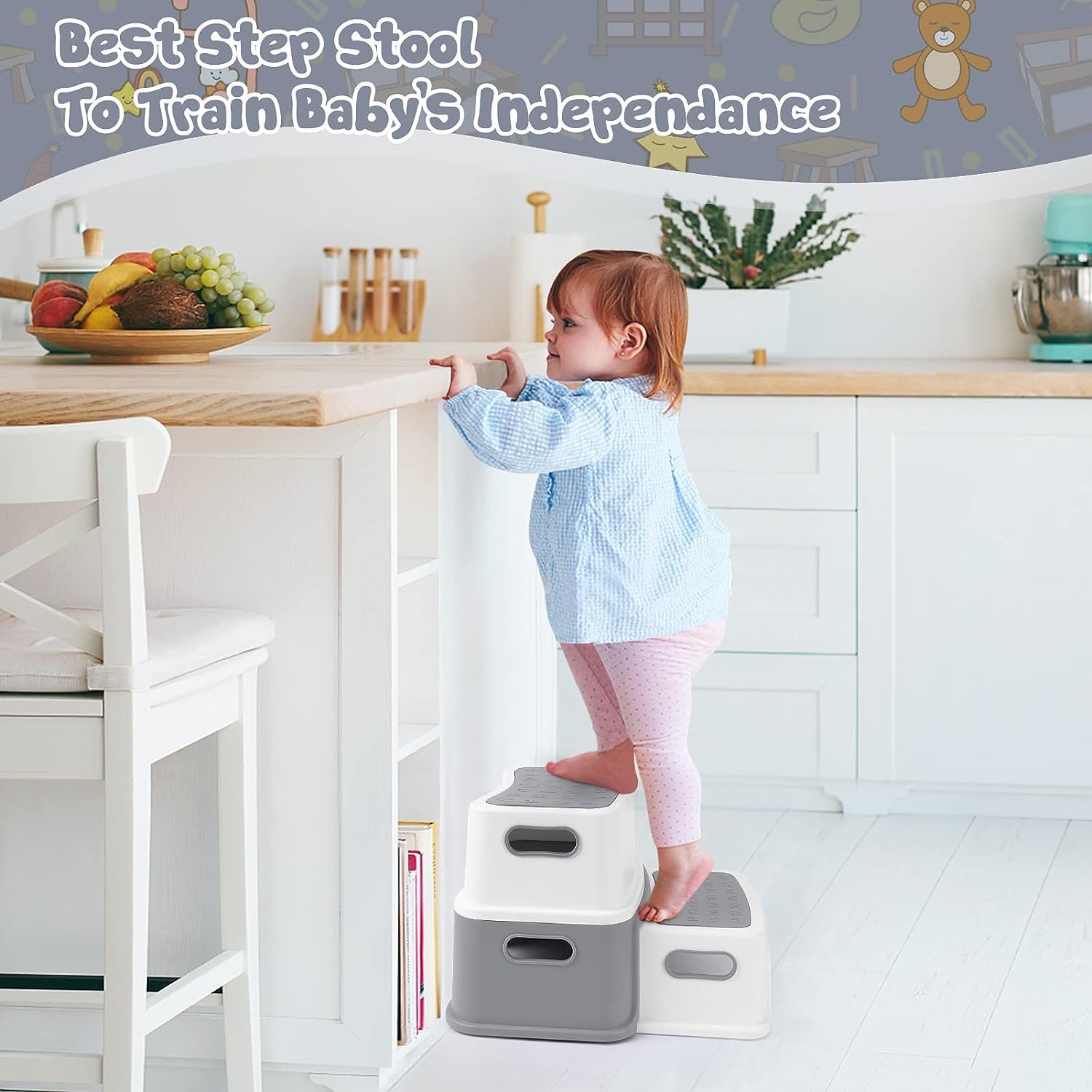 Anti-Slip Toddler Step Stools 2 Pack Educational Numbers ABC Design GainNo