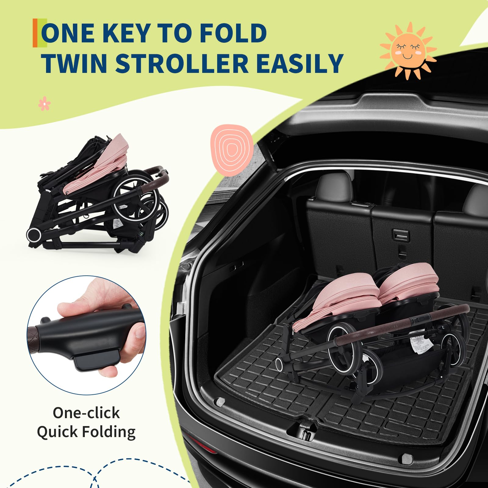 Foldable Double Baby Stroller with Adjustable Canopy Pink