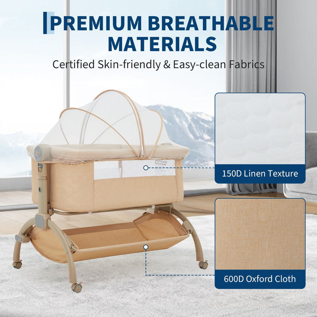 3-in-1 Adjustable Bedside Baby Bassinet with Mesh and Wheels Khaki
