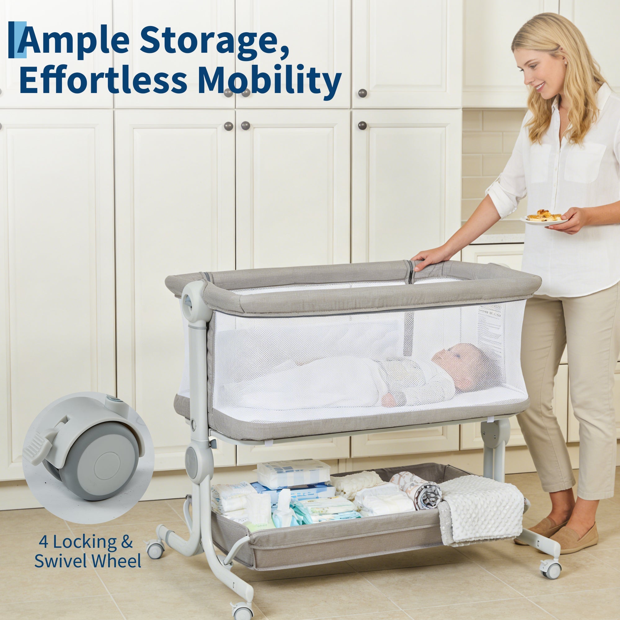 3-in-1 Portable Baby Bassinet Bedside Sleeper Light Grey