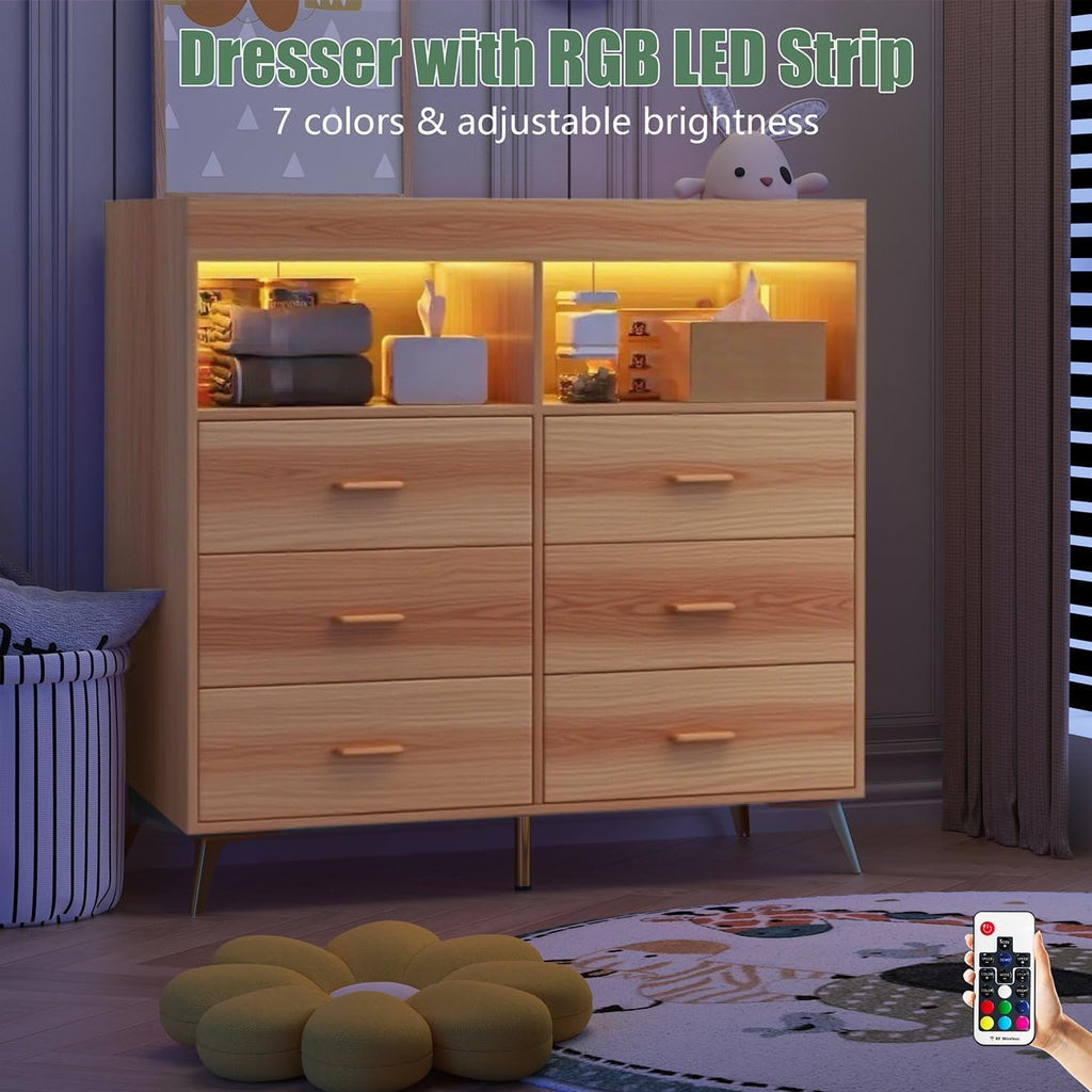 Modern Baby Changing Table Dresser with 6 Drawers and LED Lights GainNo