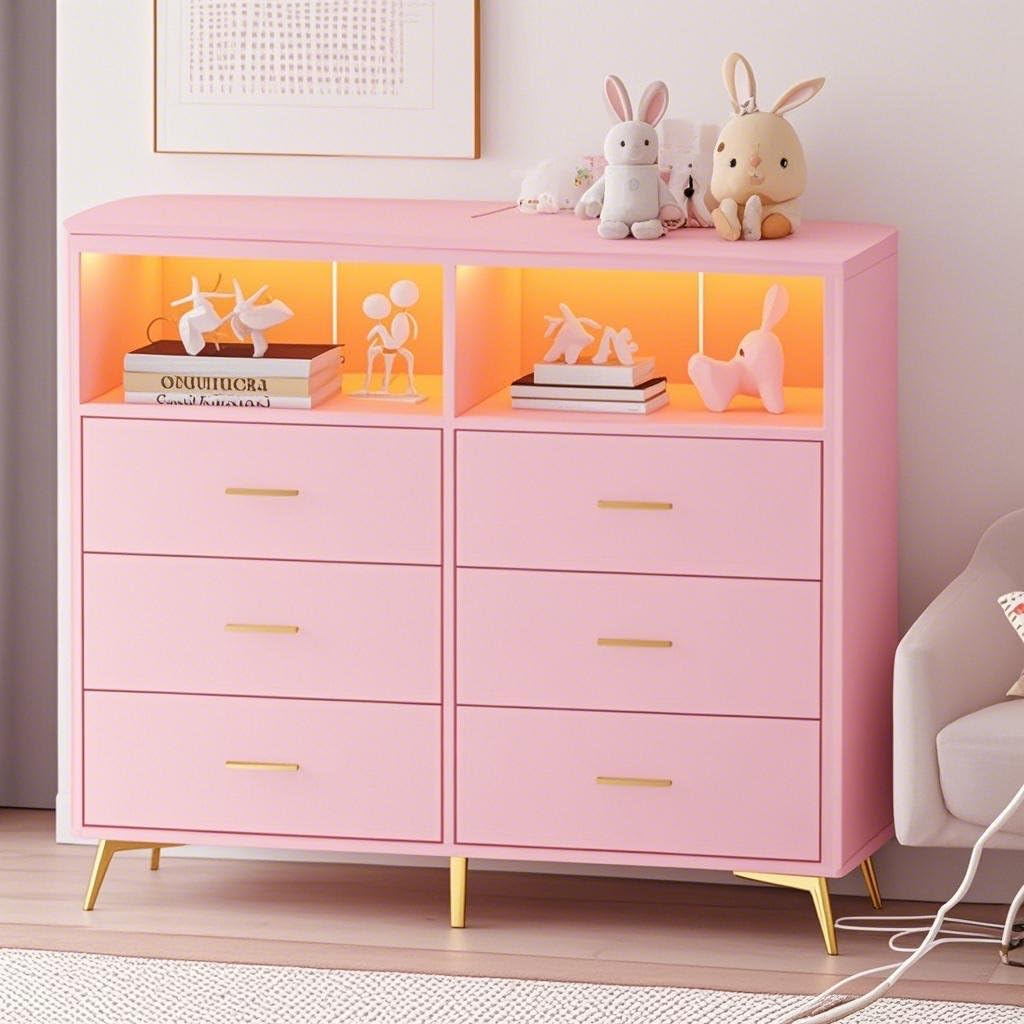 6-Drawer Baby Dresser with LED Lights and Changing Table Top Pink