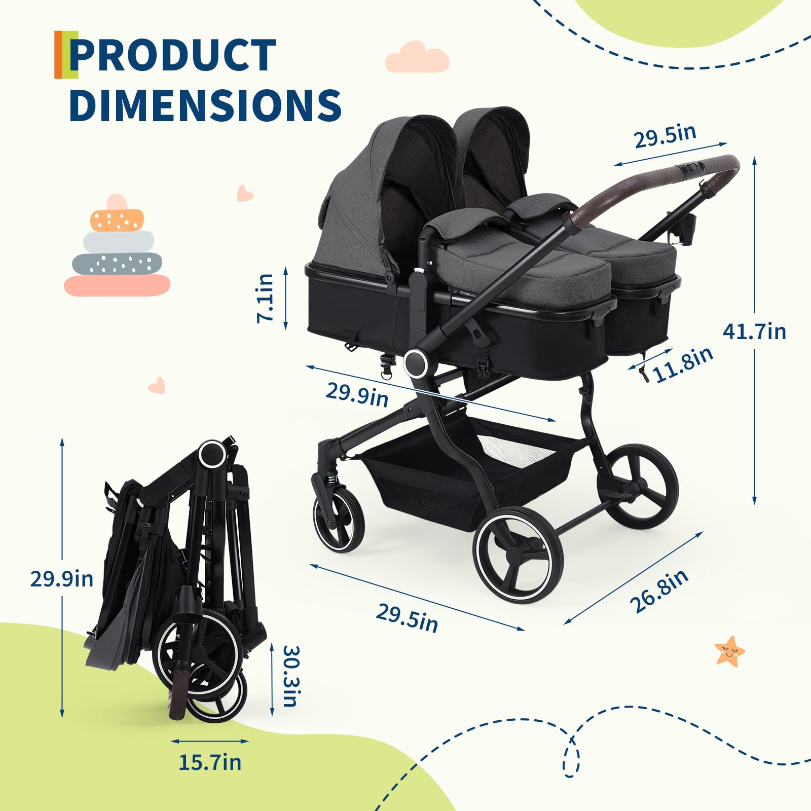 Foldable Double Baby Stroller with Adjustable Canopy Dark Grey GainNo