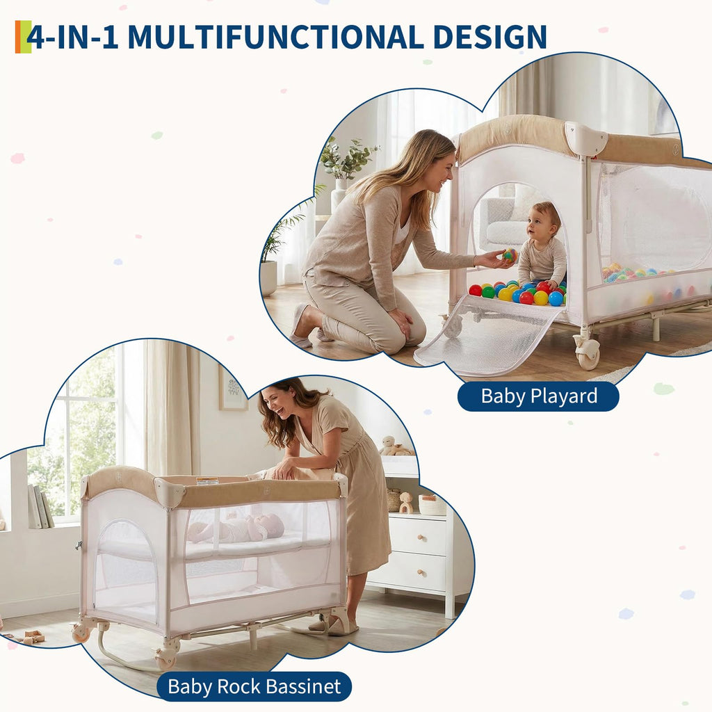 4 in 1 Baby Playard Portable Bedside Crib with Rocking Bassinet GainNo
