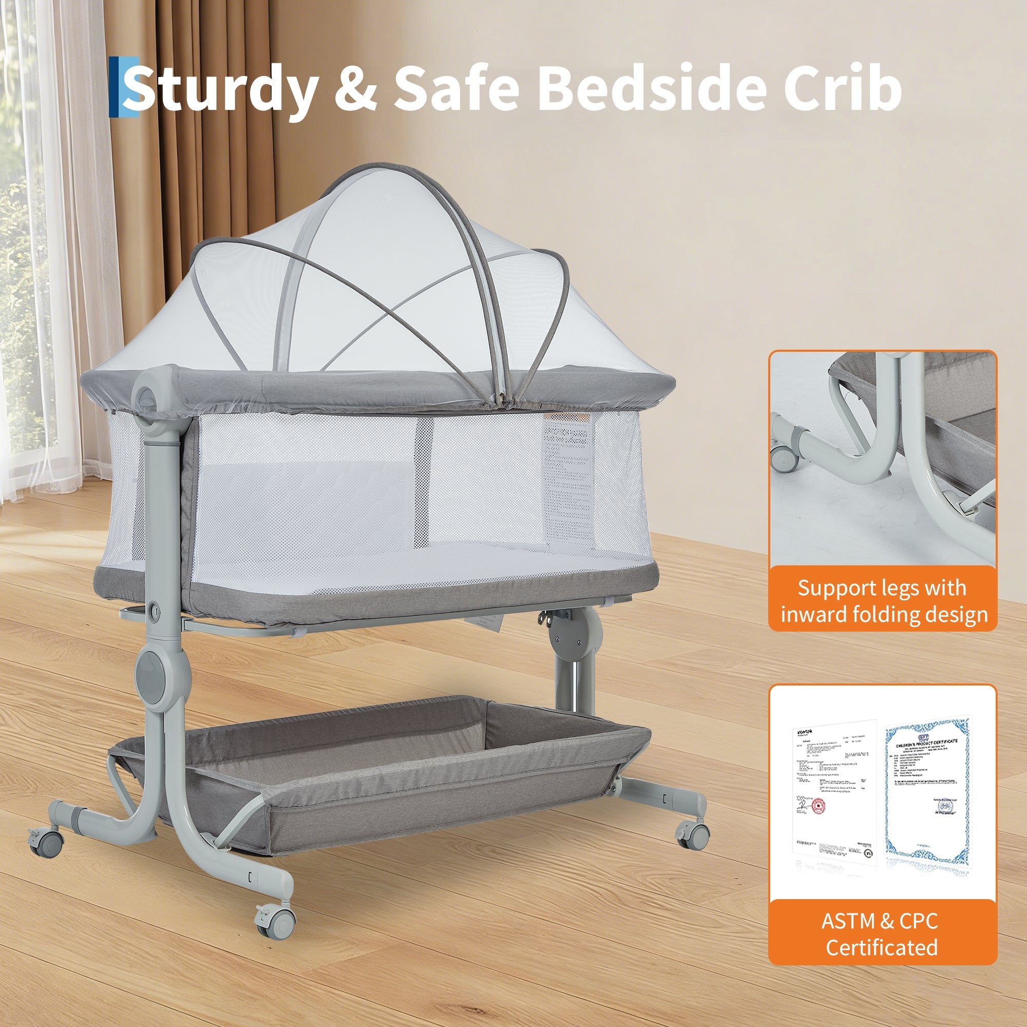 3-in-1 Portable Baby Bassinet Bedside Sleeper Light Grey
